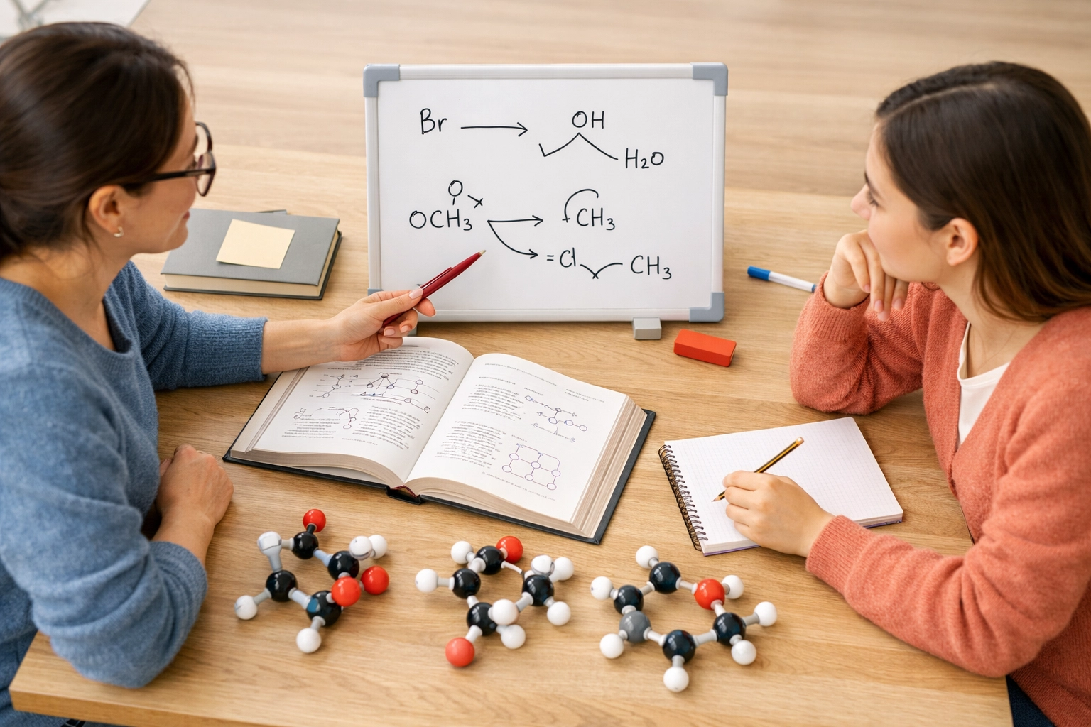 Chemistry tutor working one-to-one with student on A Level Chemistry using molecular models