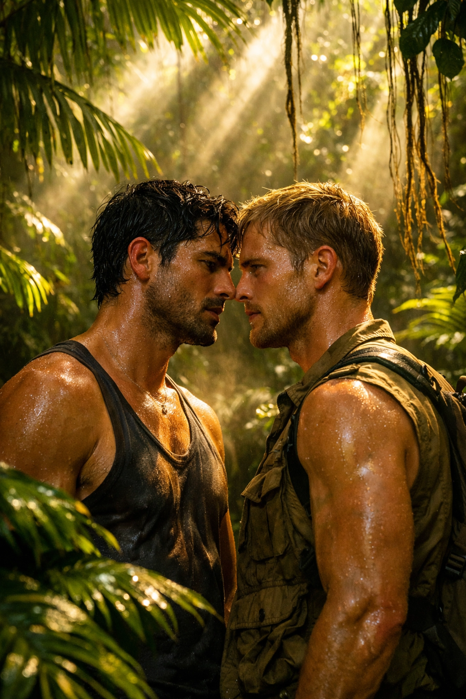 Two men share intimate moment in Amazon rainforest - MM romance adventure