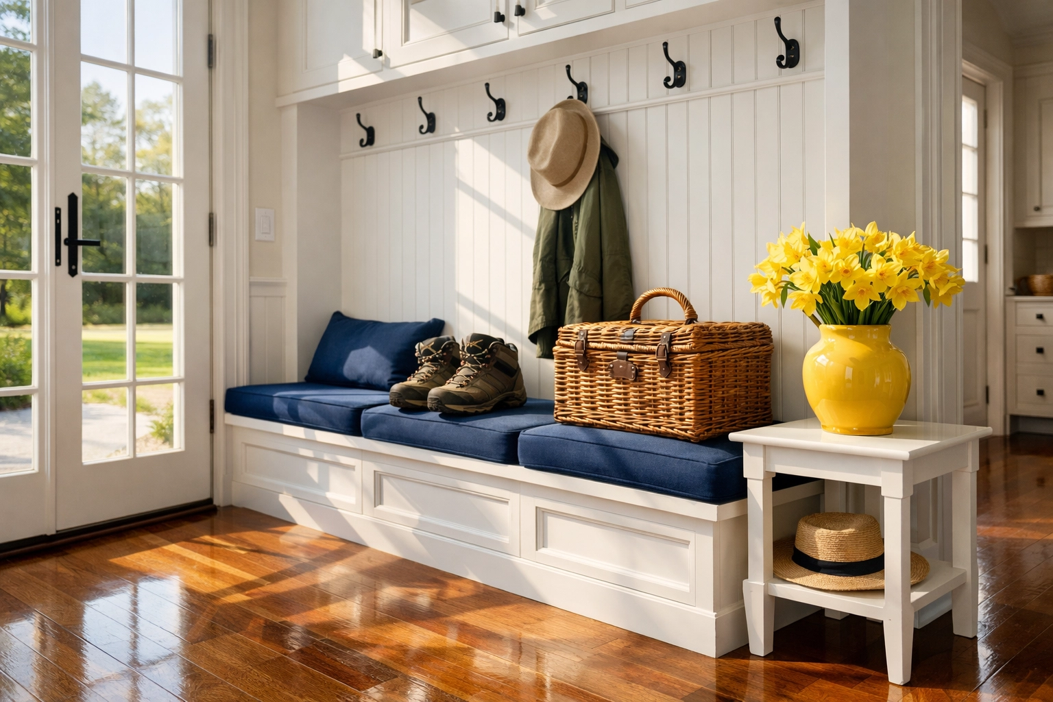 Sunlit mudroom in a Southborough home after recurring house cleaning, ready for a stress-free weekend adventure.