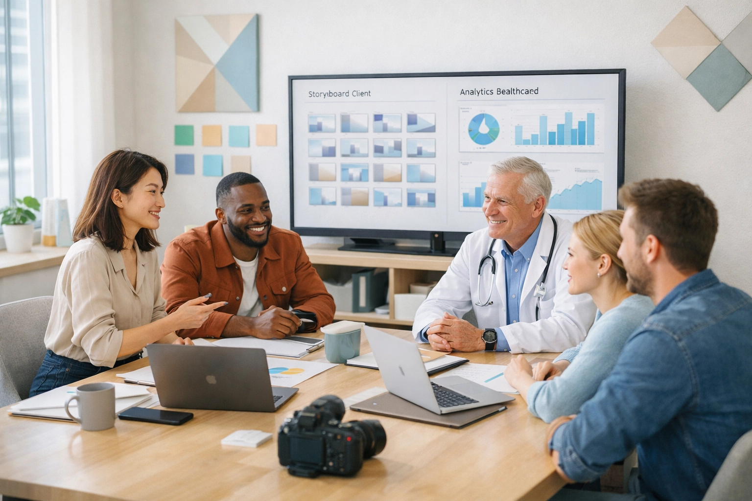 Marketing team collaborating on a visual trust strategy for successful video marketing for rehabs.