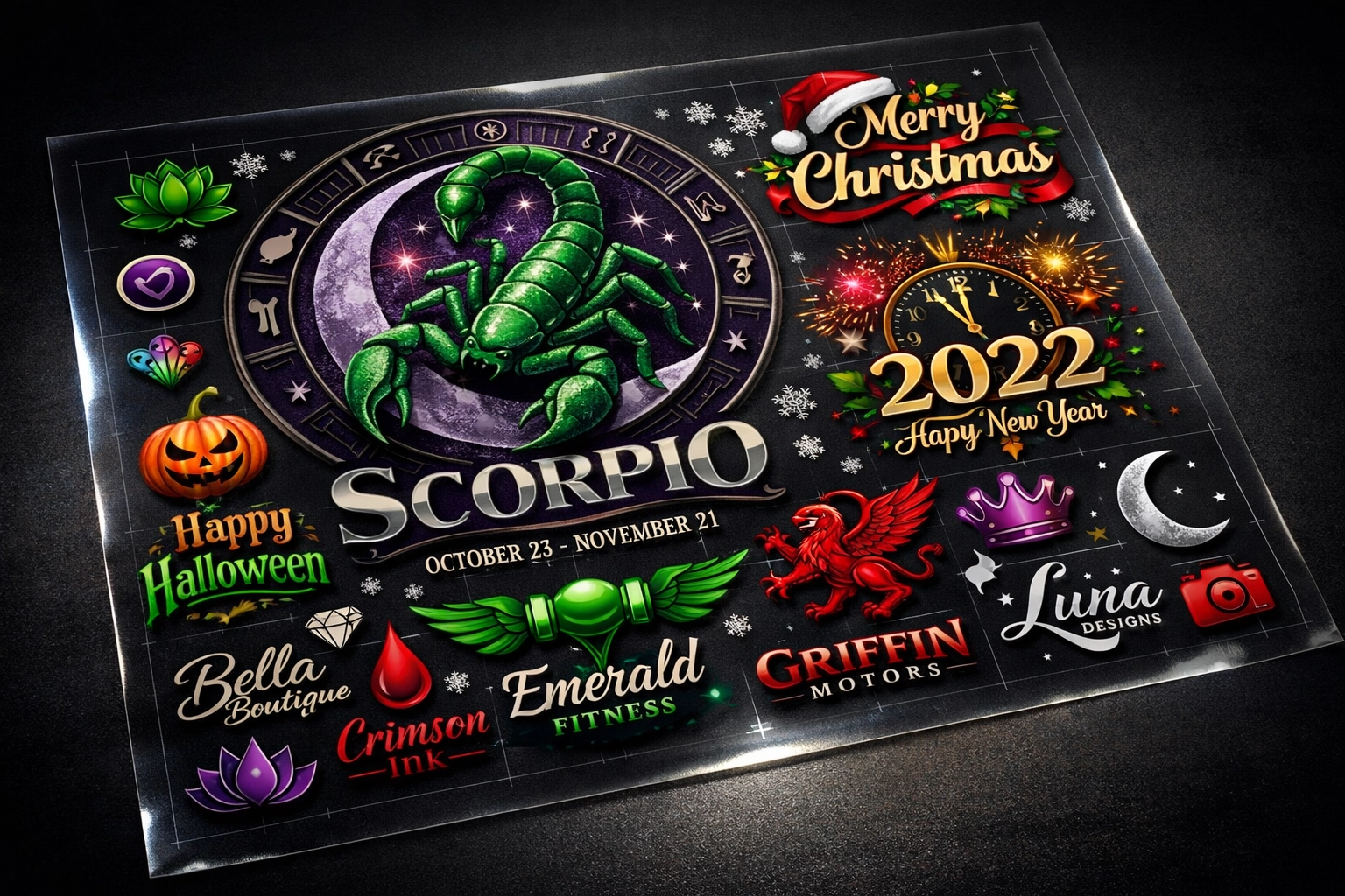 Multiple custom designs arranged efficiently on a DTF gang sheet layout