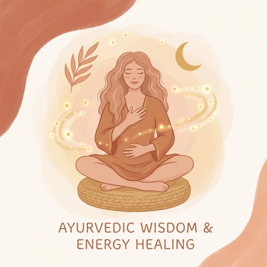 Mother practicing self-care and mindfulness, representing Ayurvedic motherhood wisdom and energy healing for wellbeing.