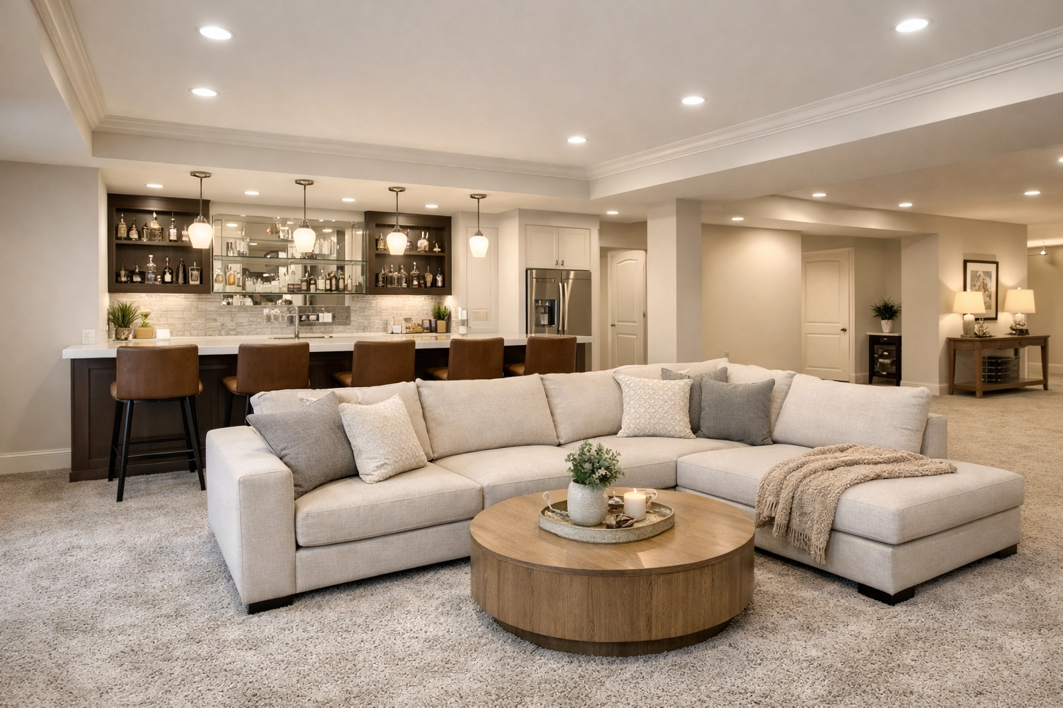 Professionally finished basement renovation in Columbus with a modern bar and luxury lounge area.