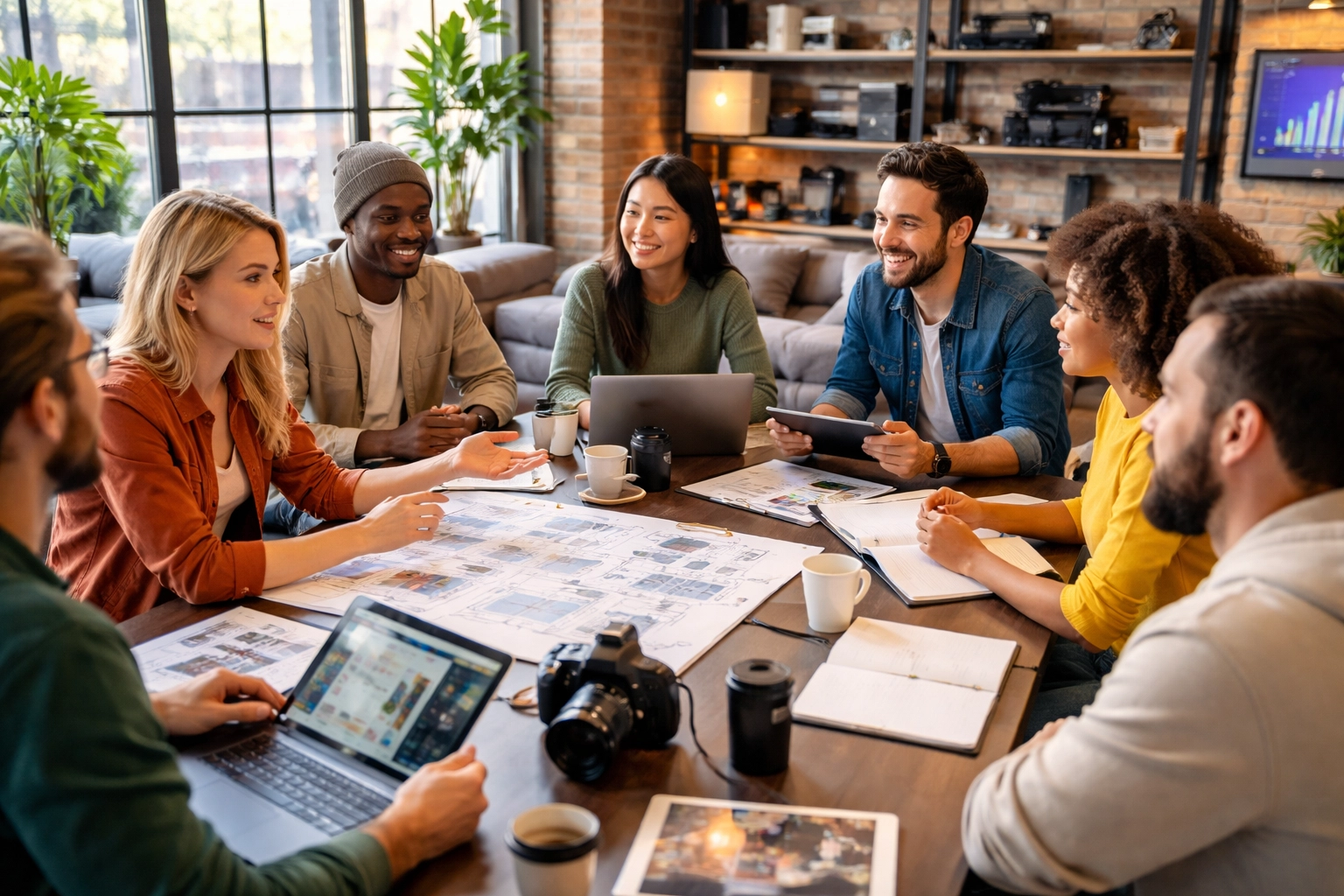 Creative team of content creators and executives collaborating in a modern media office