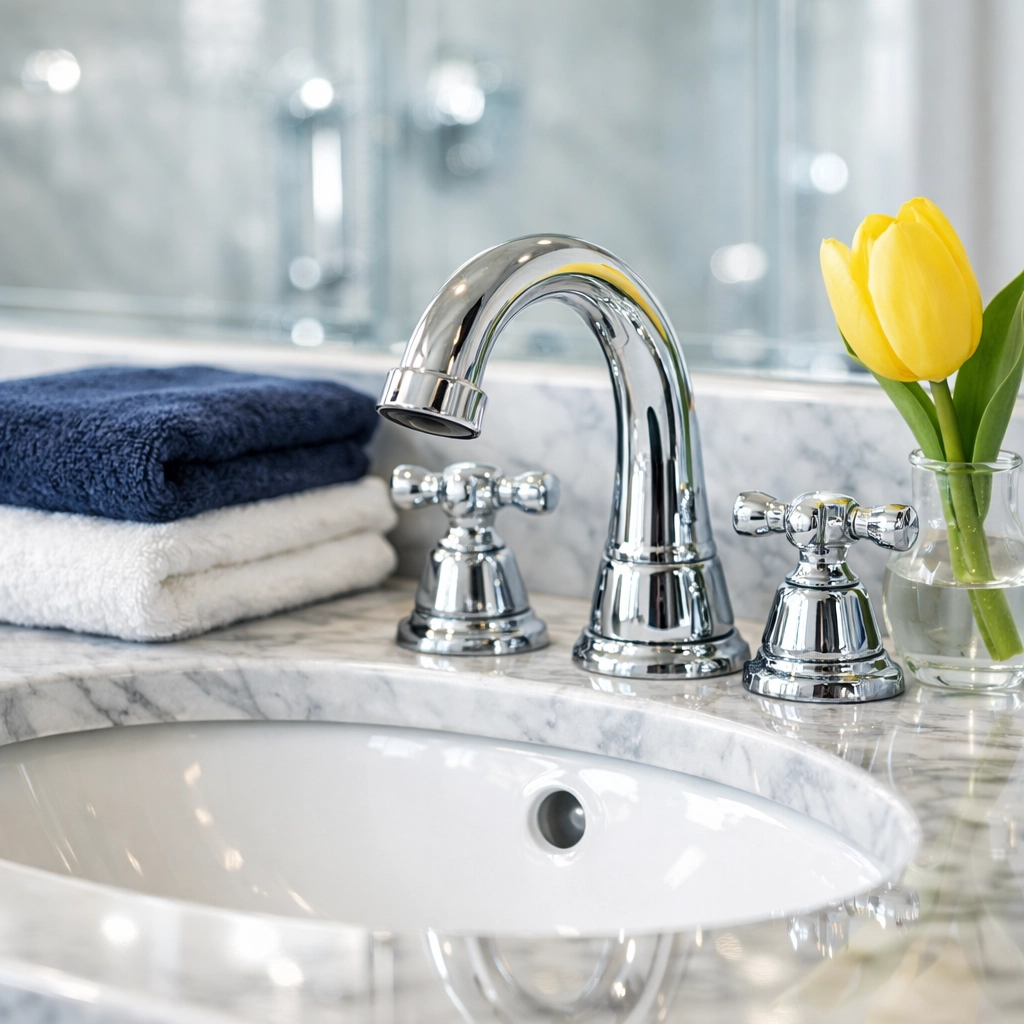 Detailed view of a sanitized bathroom vanity after a deep move-in cleaning service in Massachusetts.