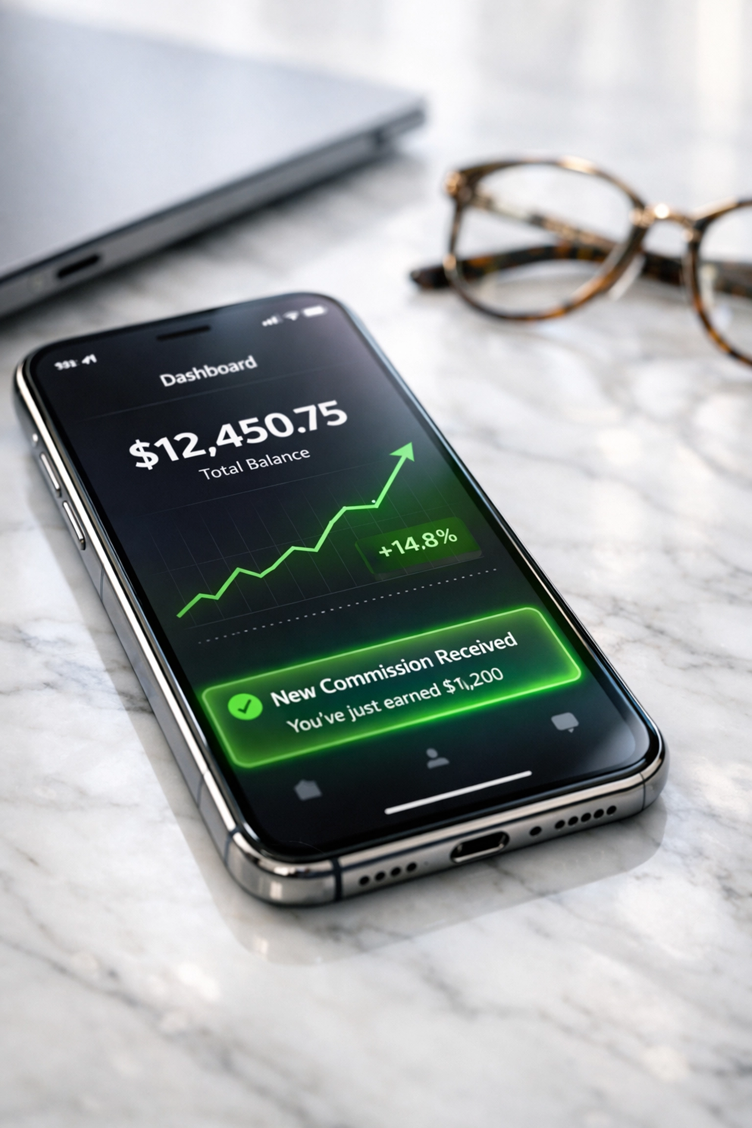 Mobile app showing affiliate commission earnings and revenue growth for a successful tech blog business.