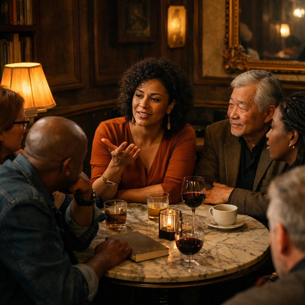 Patrons enjoying conversation at a cultural salon, showcasing a reimagined San Francisco hospitality space.