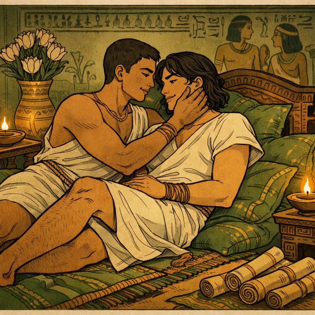 Two men in ancient Egyptian bedchamber, tender touch by lamplight, intimate MM romance scene
