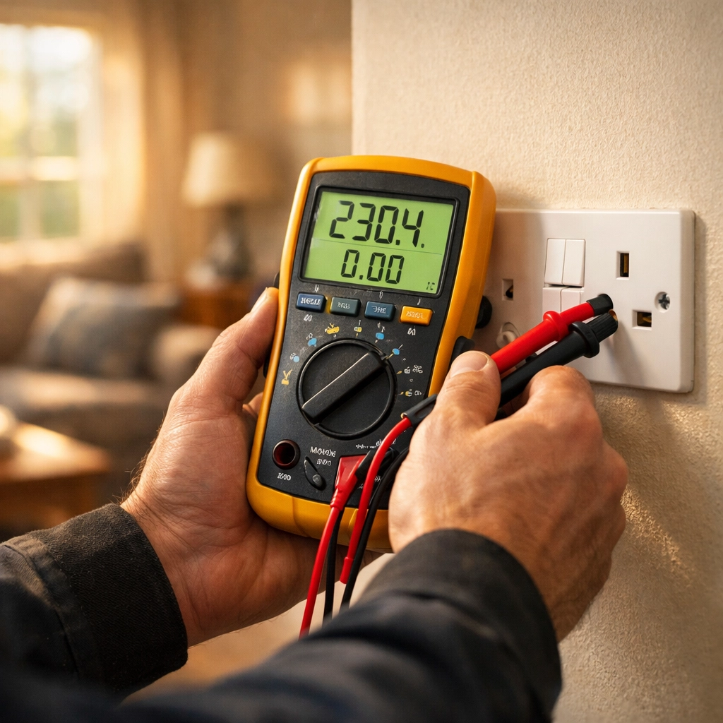 Professional electrician testing UK socket with multimeter in Bournemouth home