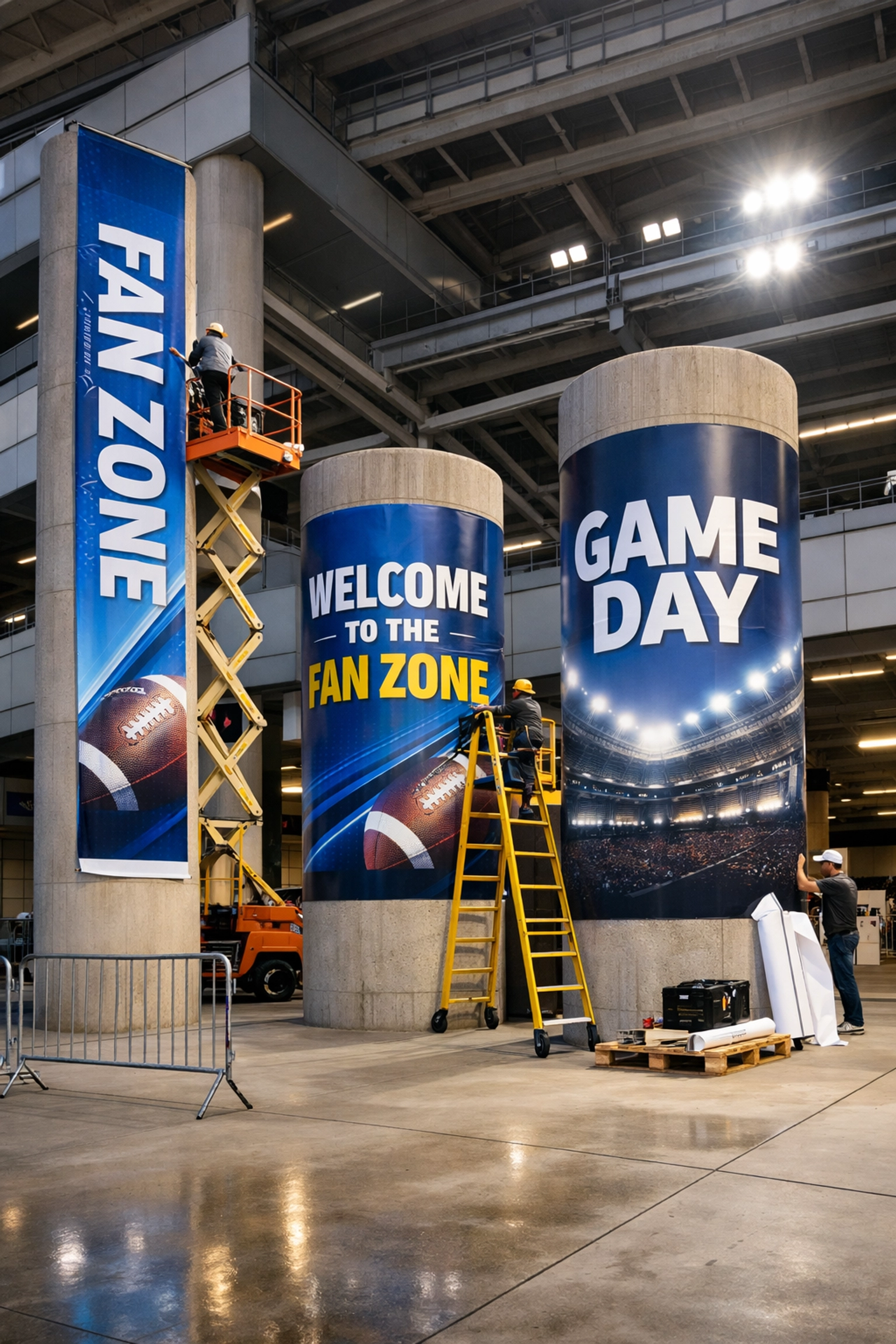 Installation of brand banners and pillar wraps in a stadium fan zone before the big game.