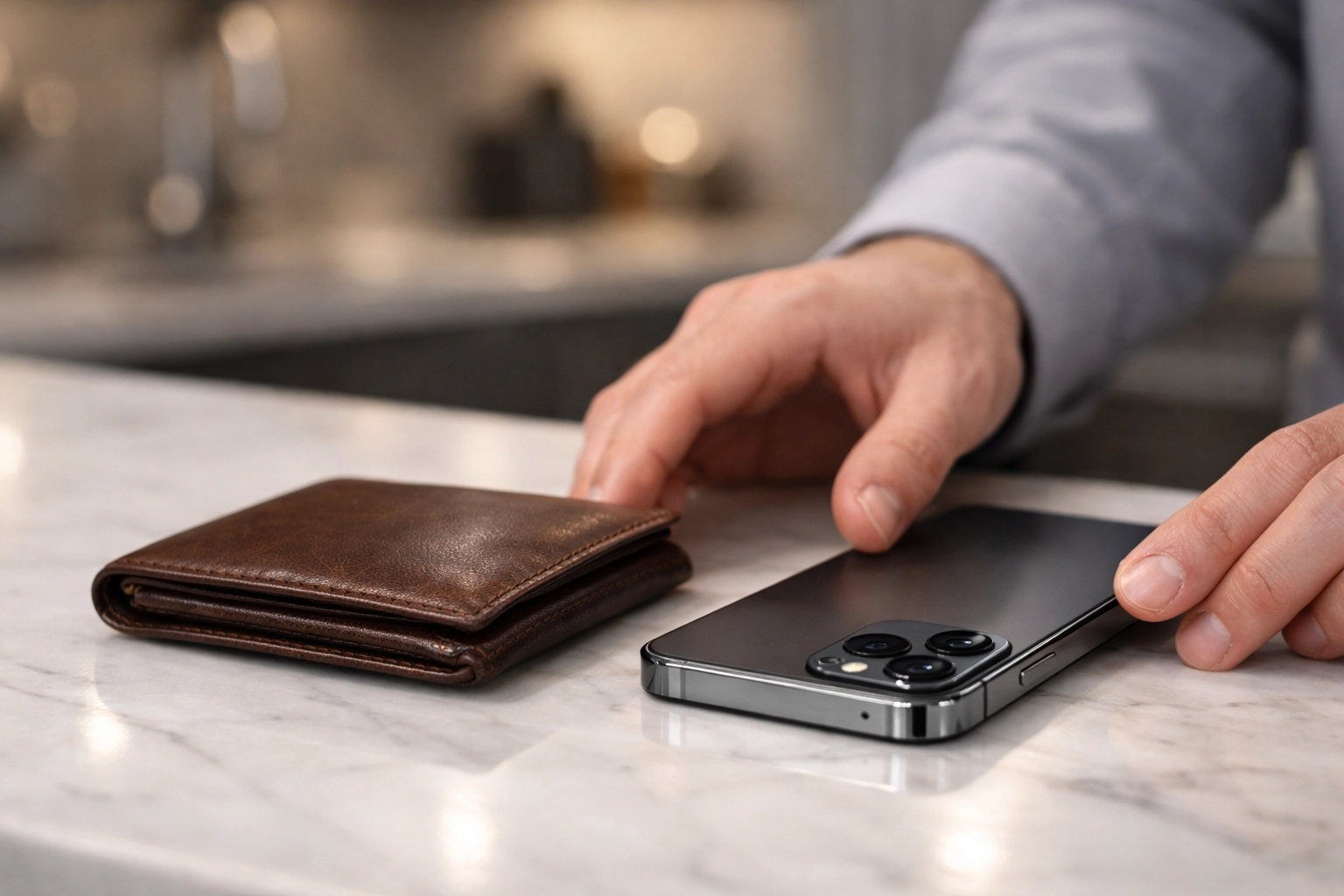 Close-up of hands with a wallet and phone ready to apply for a cash advance Canada.