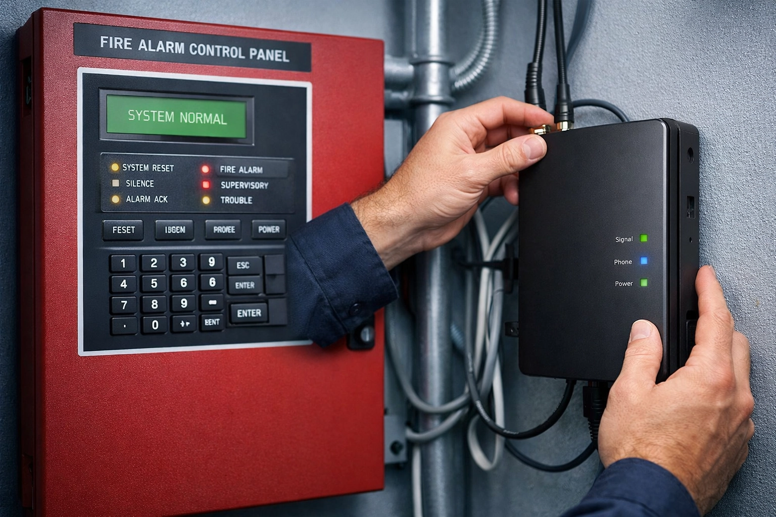 Technician installing POTS replacement device next to fire alarm control panel