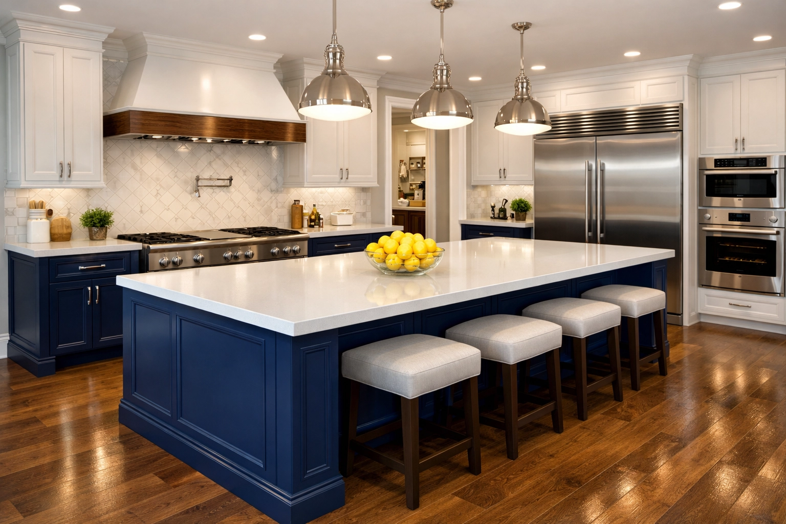 Spotless luxury kitchen with a navy blue island following a comprehensive deep cleaning in Foxborough.