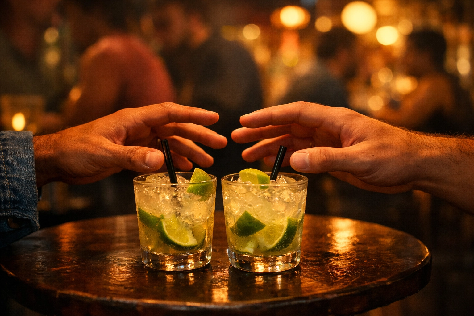 Two men's hands nearly touching across bar table with caipirinhas - gay romance moment