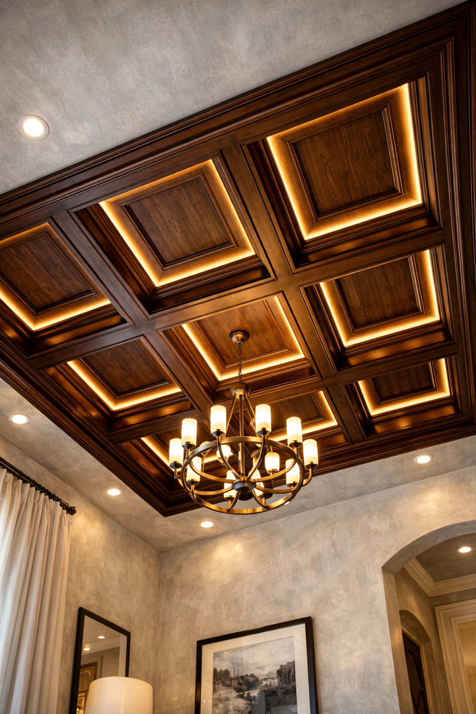 Master suite and bathroom renovation Orlando featuring a custom wood beam coffered ceiling.