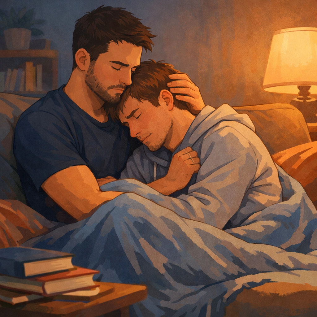 Two men embrace on couch with books, illustrating emotional support in MM romance relationships