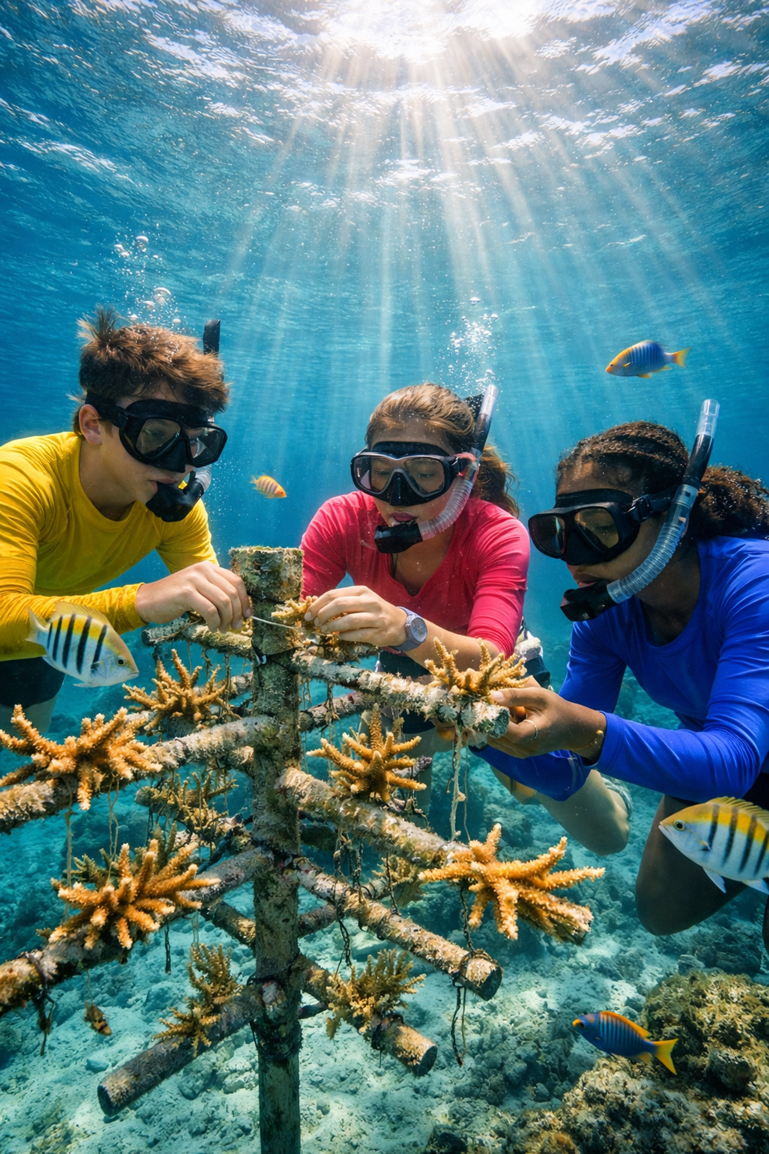 High school students tending coral nursery underwater in Cayman Islands service learning program