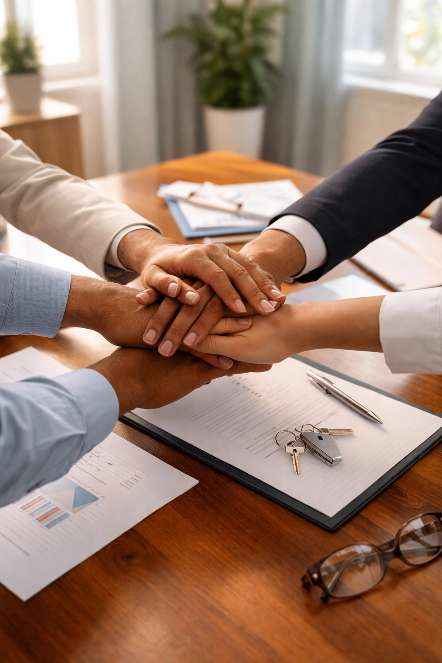 Diverse hands joining over closing documents and house keys, representing team collaboration and successful settlement services.