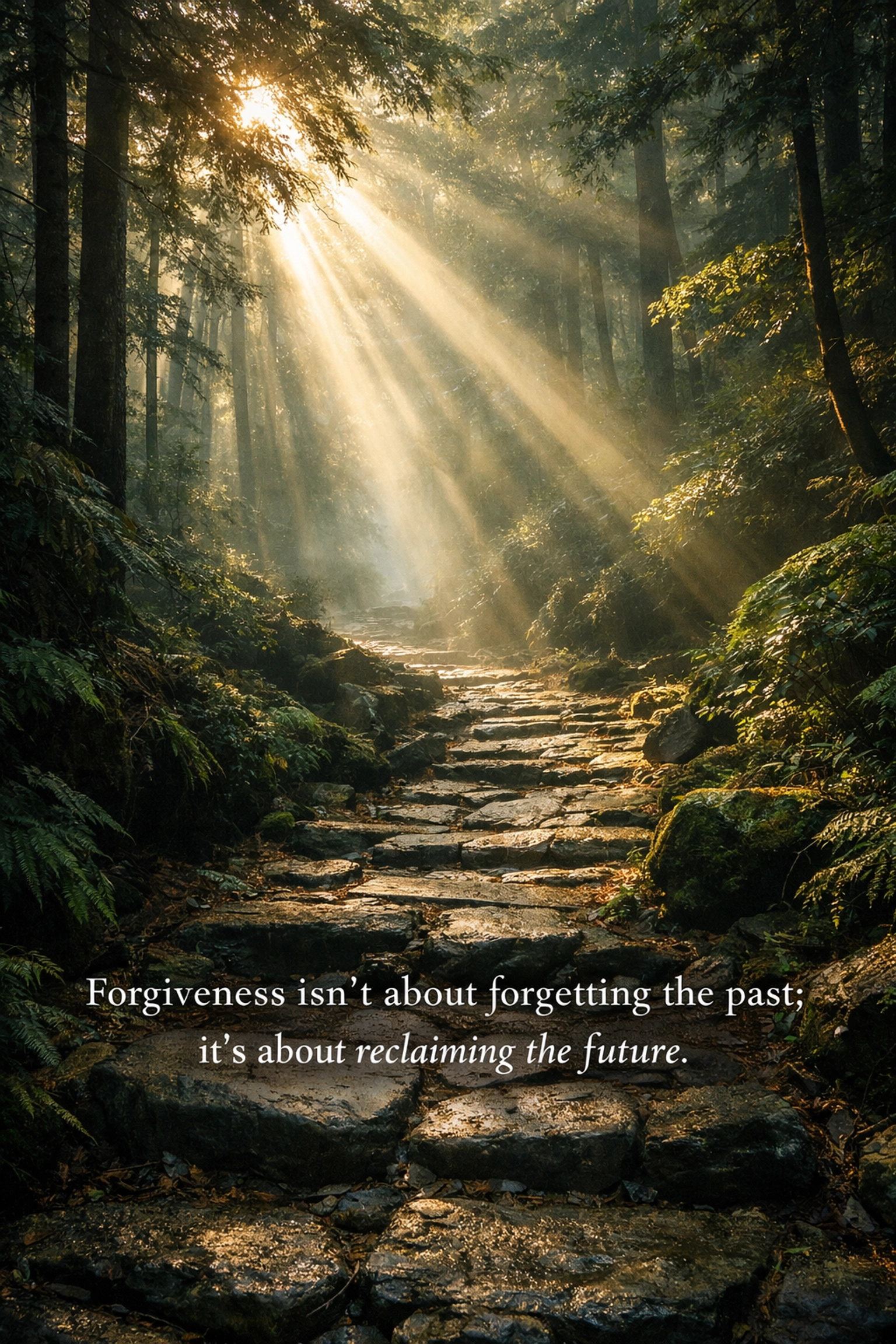 Sunlight hitting an ancient stone path in a forest, symbolizing the journey toward radical forgiveness and truth.