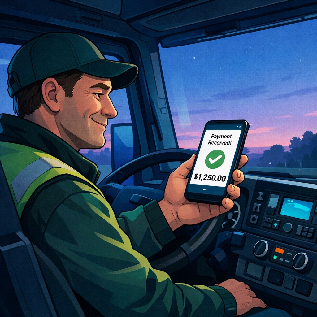 HGV driver checking payment notification in truck cab