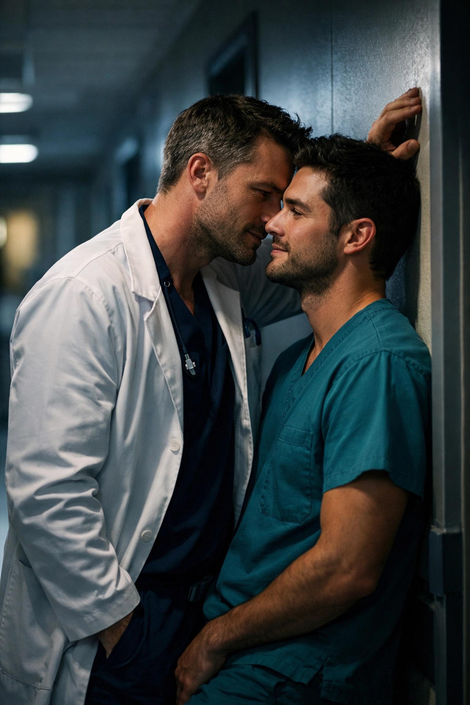 A gay doctor and nurse share a whispered moment in a hospital, a scene straight out of top MM romance books.