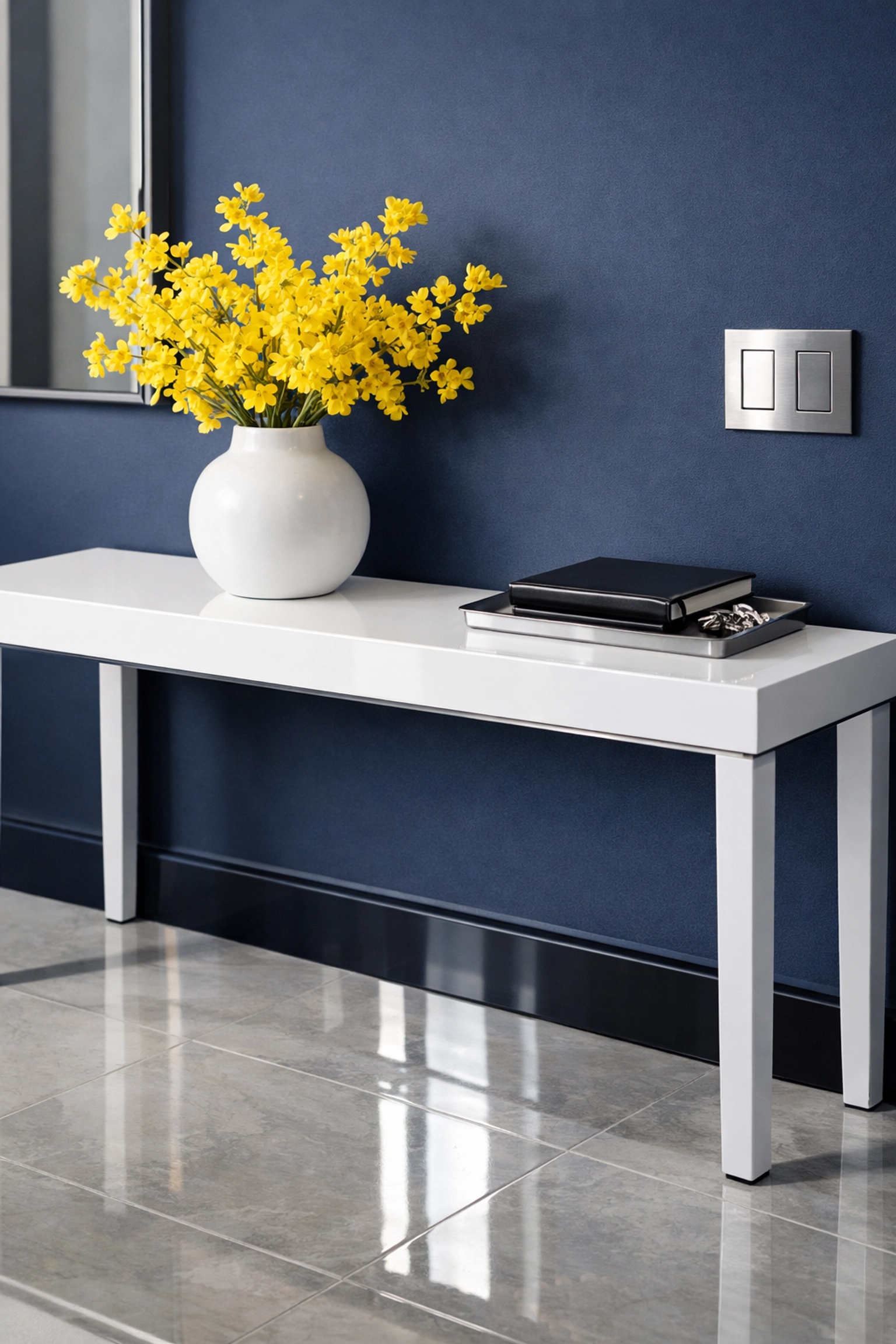 Minimalist professional office lobby with clean floors and blue branding colors.