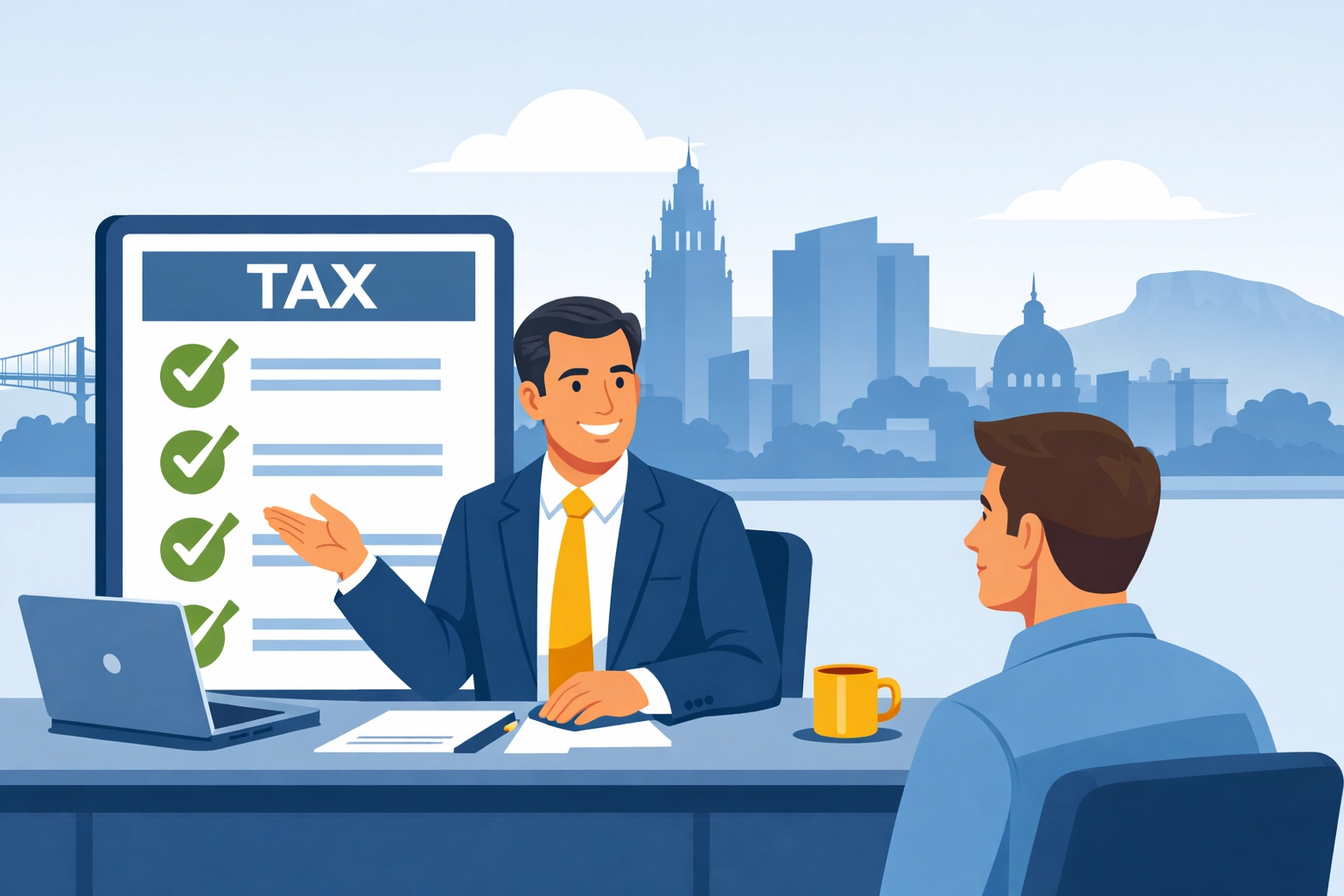 New Haven tax professional reviewing a tax preparation checklist with a client for the April 15 deadline.