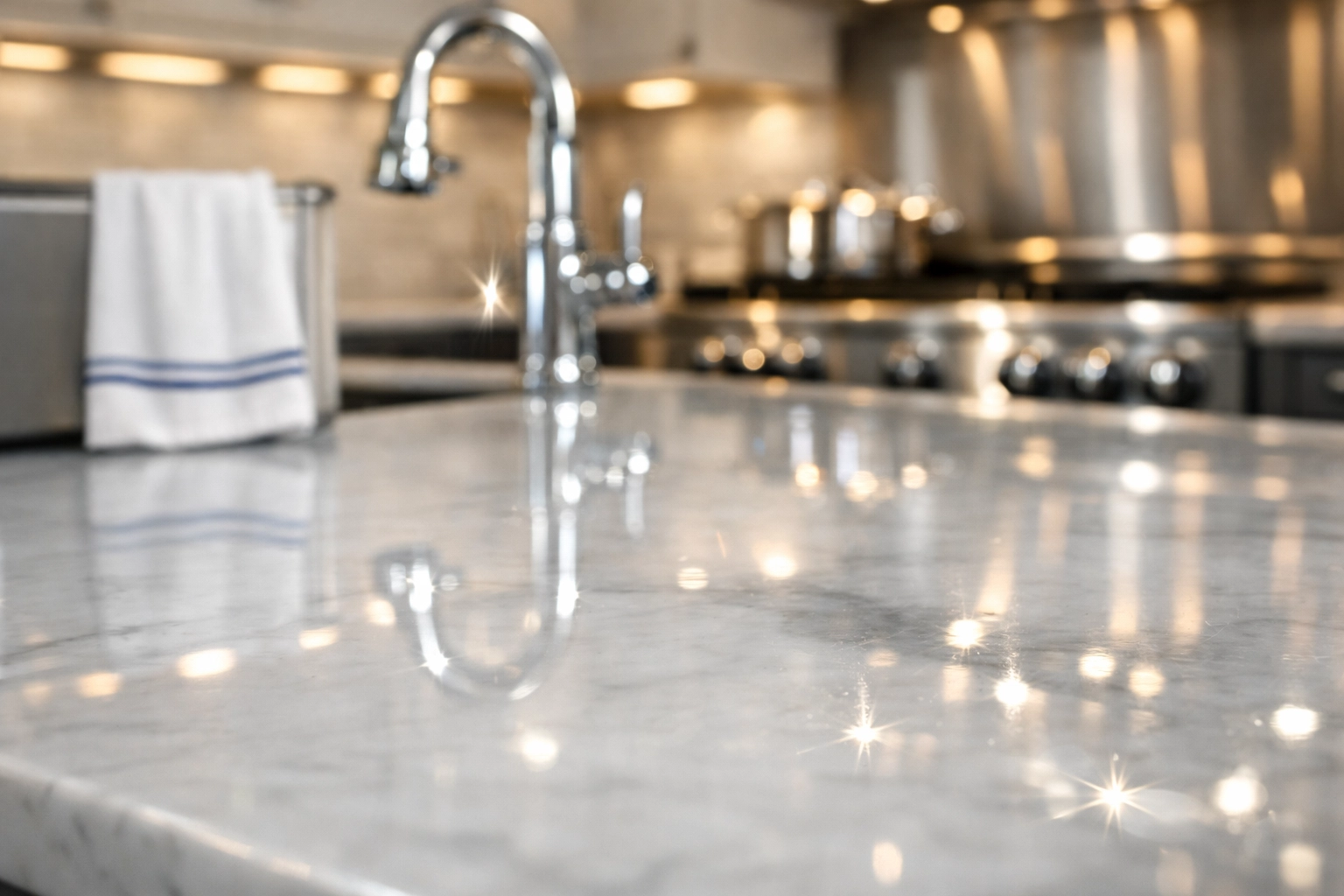 Pristine marble kitchen countertop following a thorough deep cleaning Lowell service.