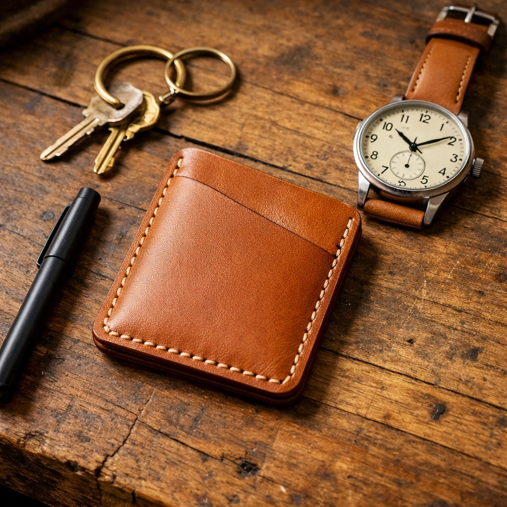 Hand-stitched tan leather minimalist wallet and everyday carry essentials on a rustic wooden workbench.