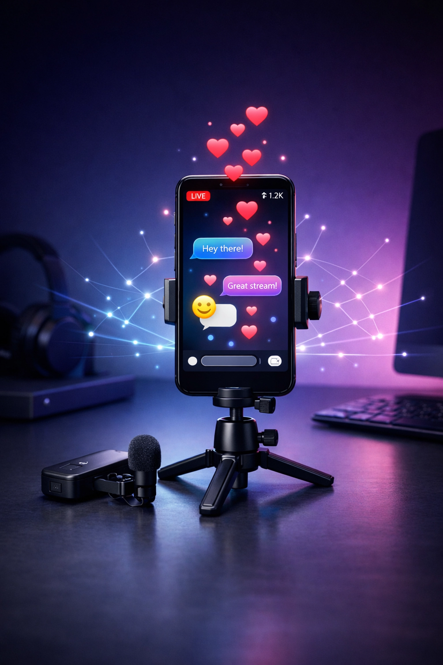 Simon Leung mobile live streaming setup with smartphone and microphone for real-time audience engagement