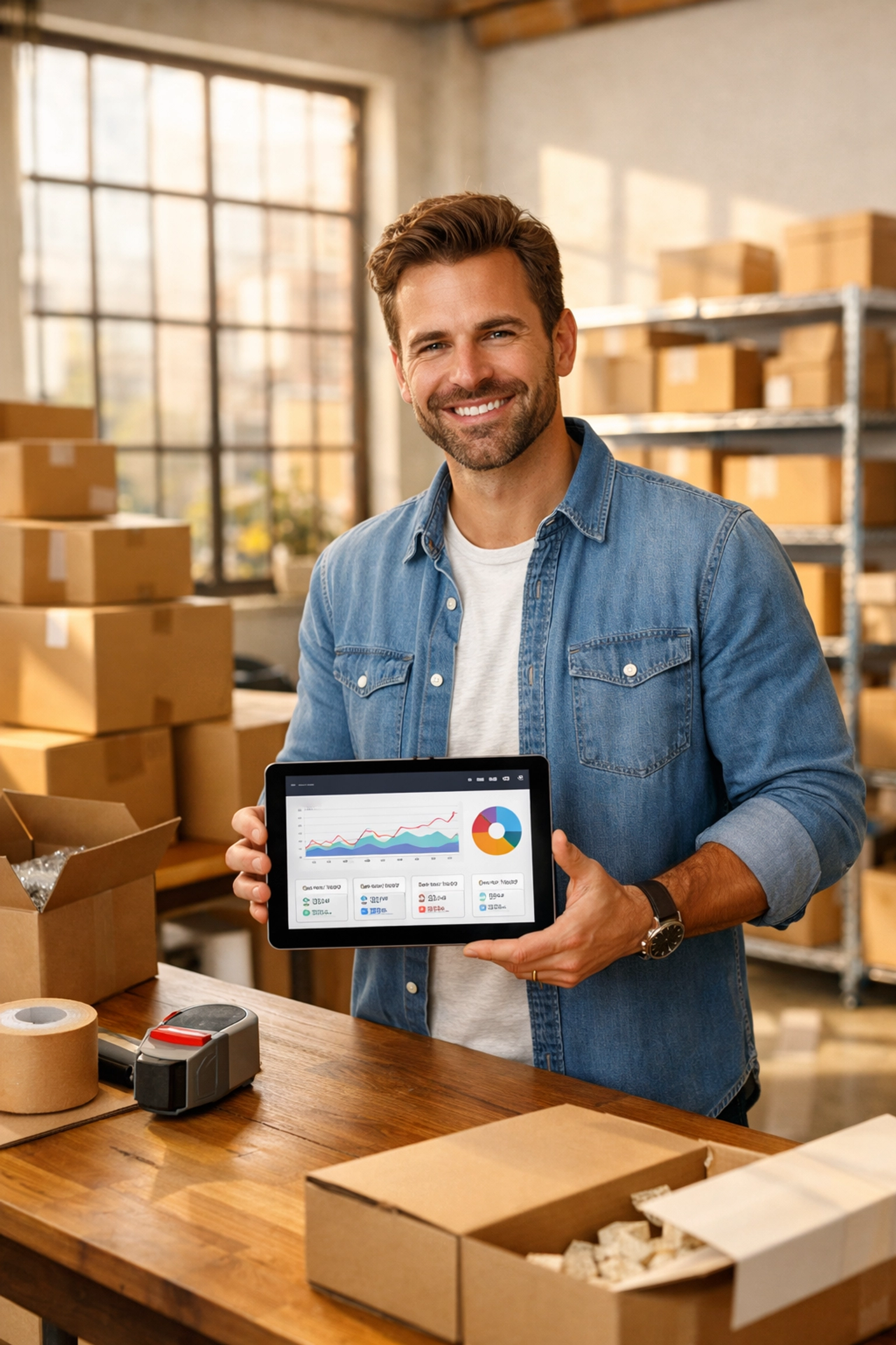 Business owner using a tablet to manage multi-channel inventory and order fulfillment in a warehouse.