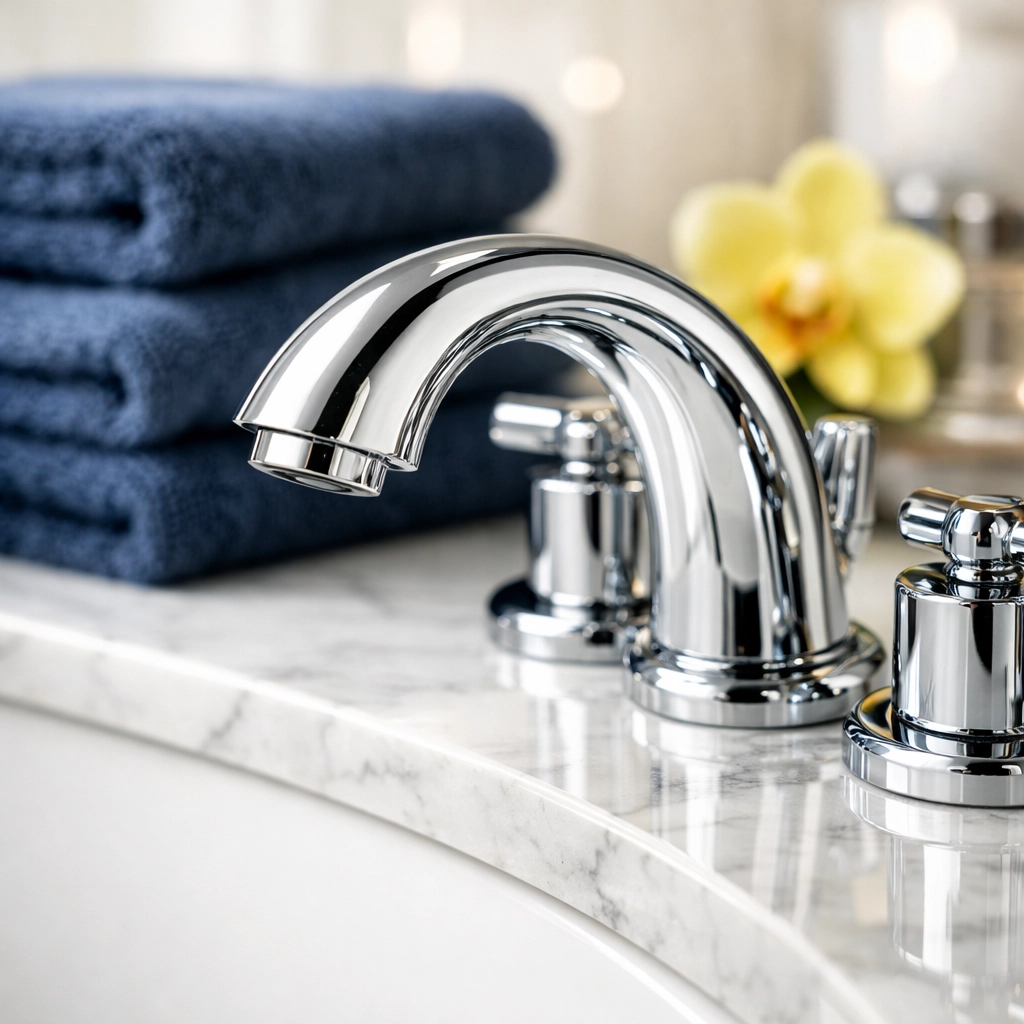 Detailed view of a spotless chrome faucet and marble vanity showing professional cleaning results in Mashpee.