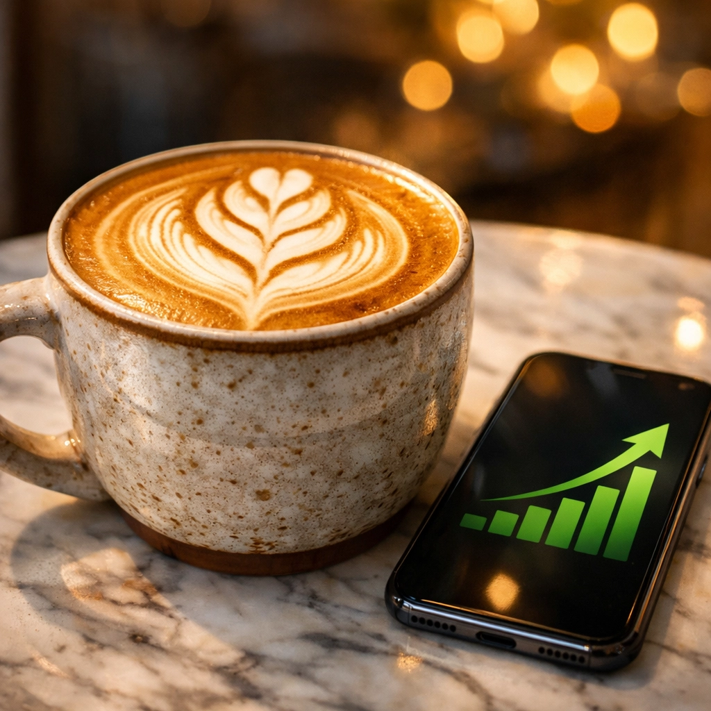A coffee latte next to a smartphone displaying financial growth and smart budgeting trends.