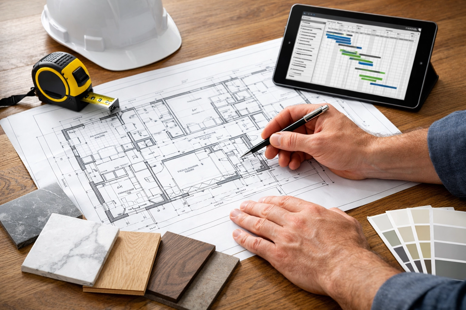 Orlando remodeling contractor reviewing blueprints with material samples and planning tools
