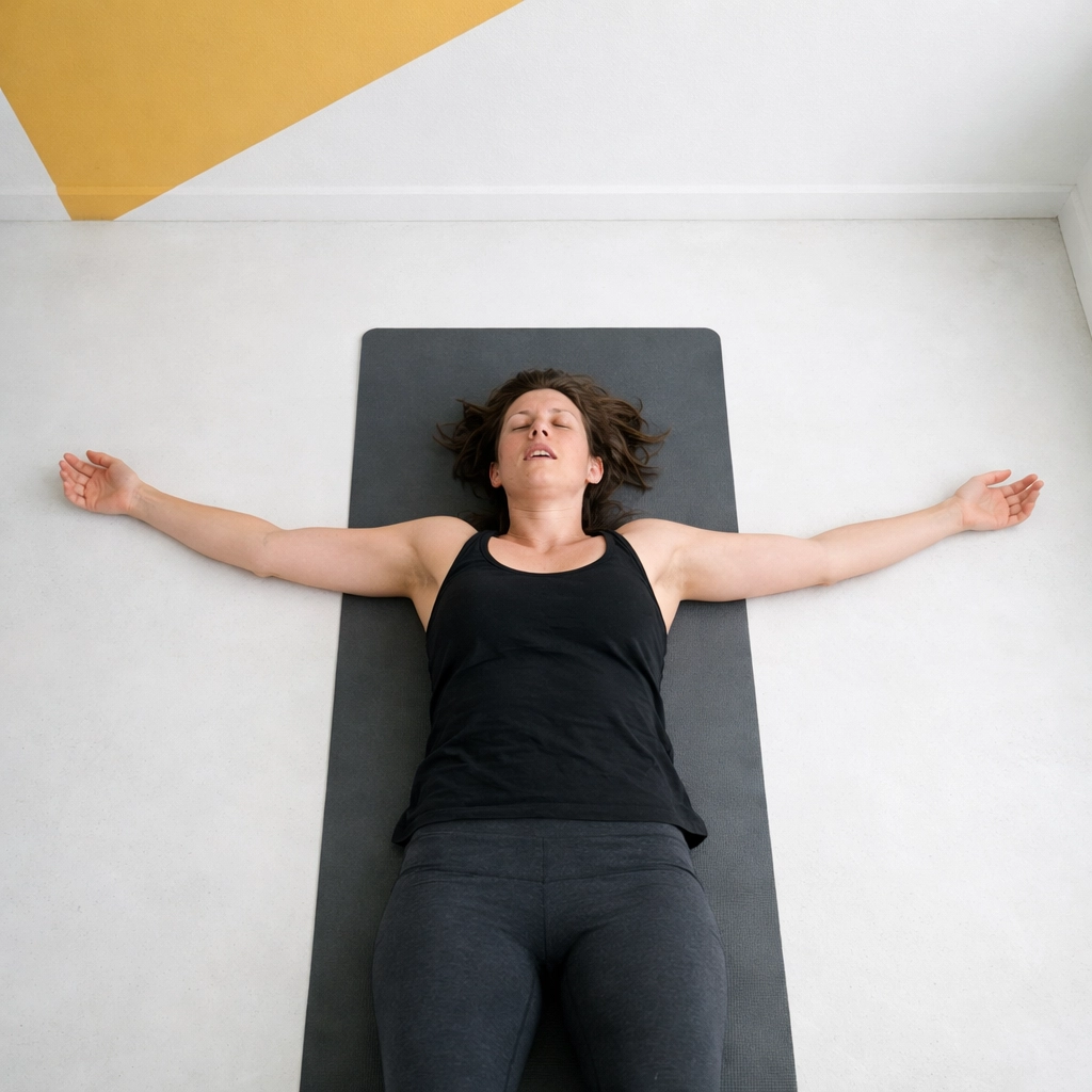 Burned out athlete lying on yoga mat showing physical exhaustion from overtraining