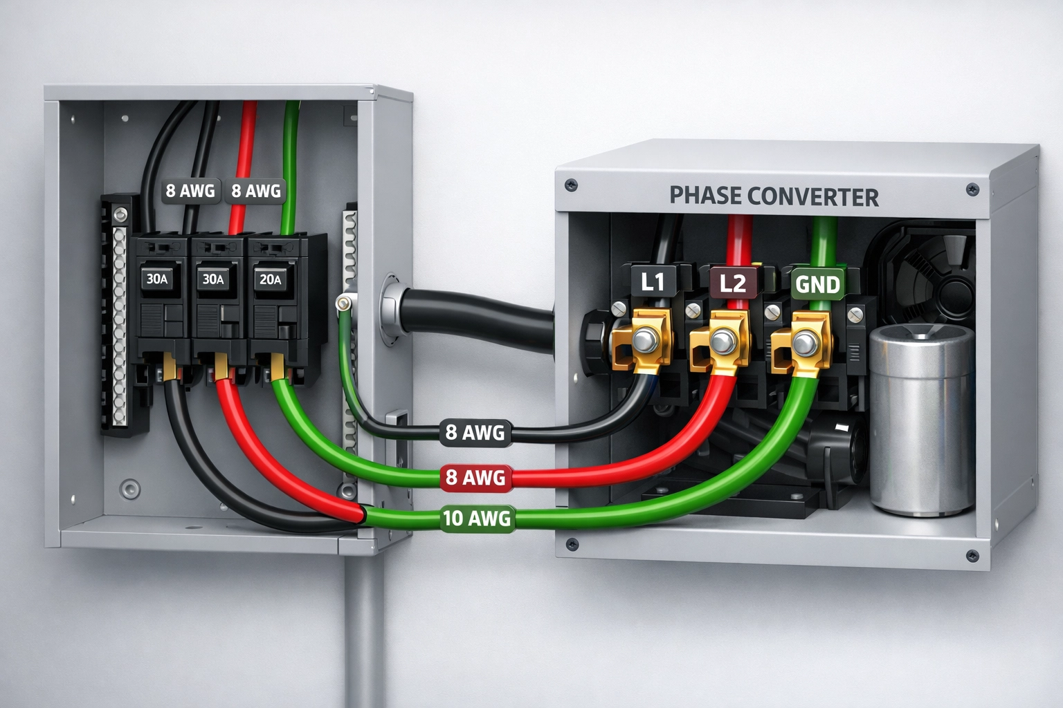 Phase converter wiring diagram showing single phase to three phase connection