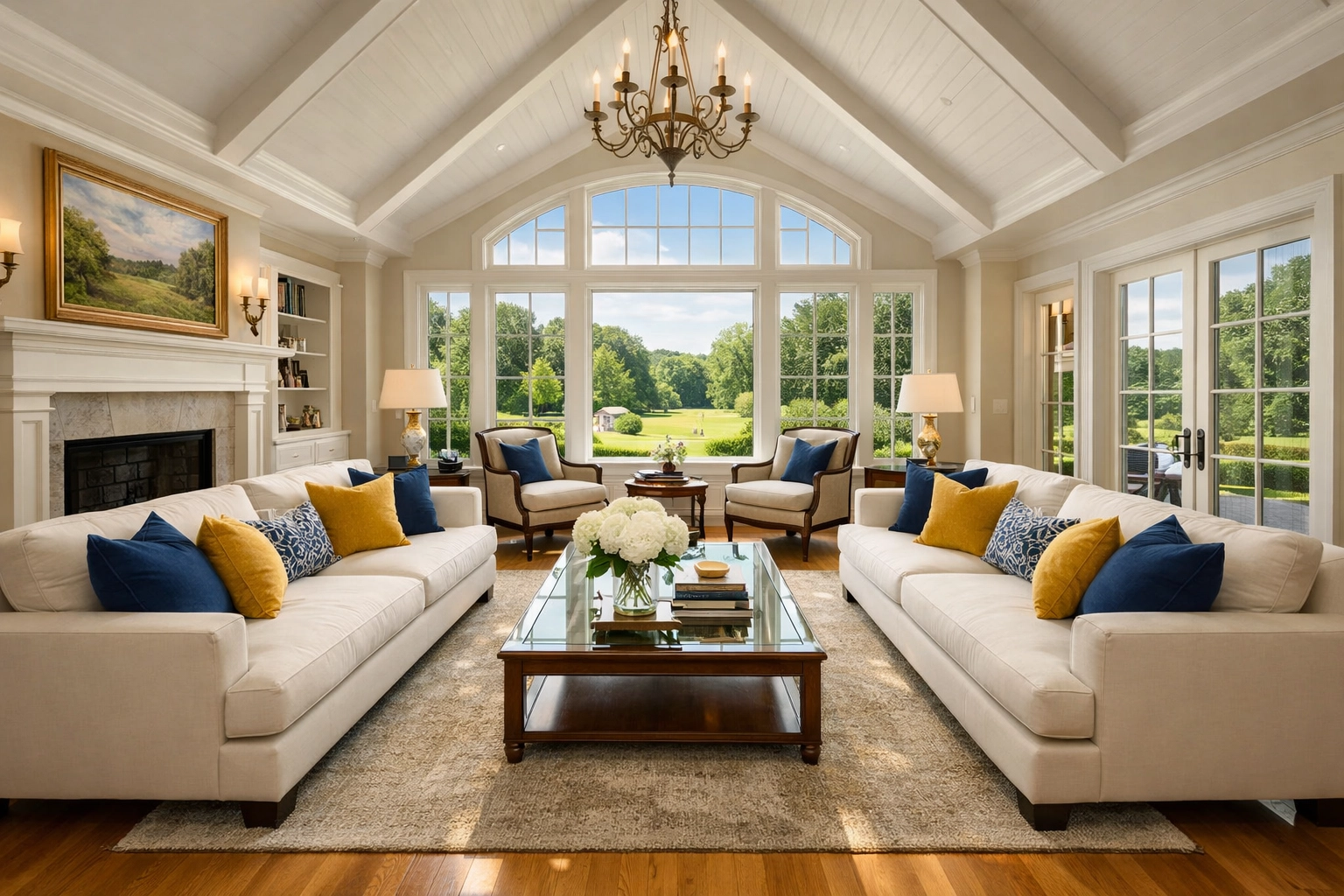 A spotless luxury living room in a Medfield estate showcasing professional Ninja-Level Cleaning services.