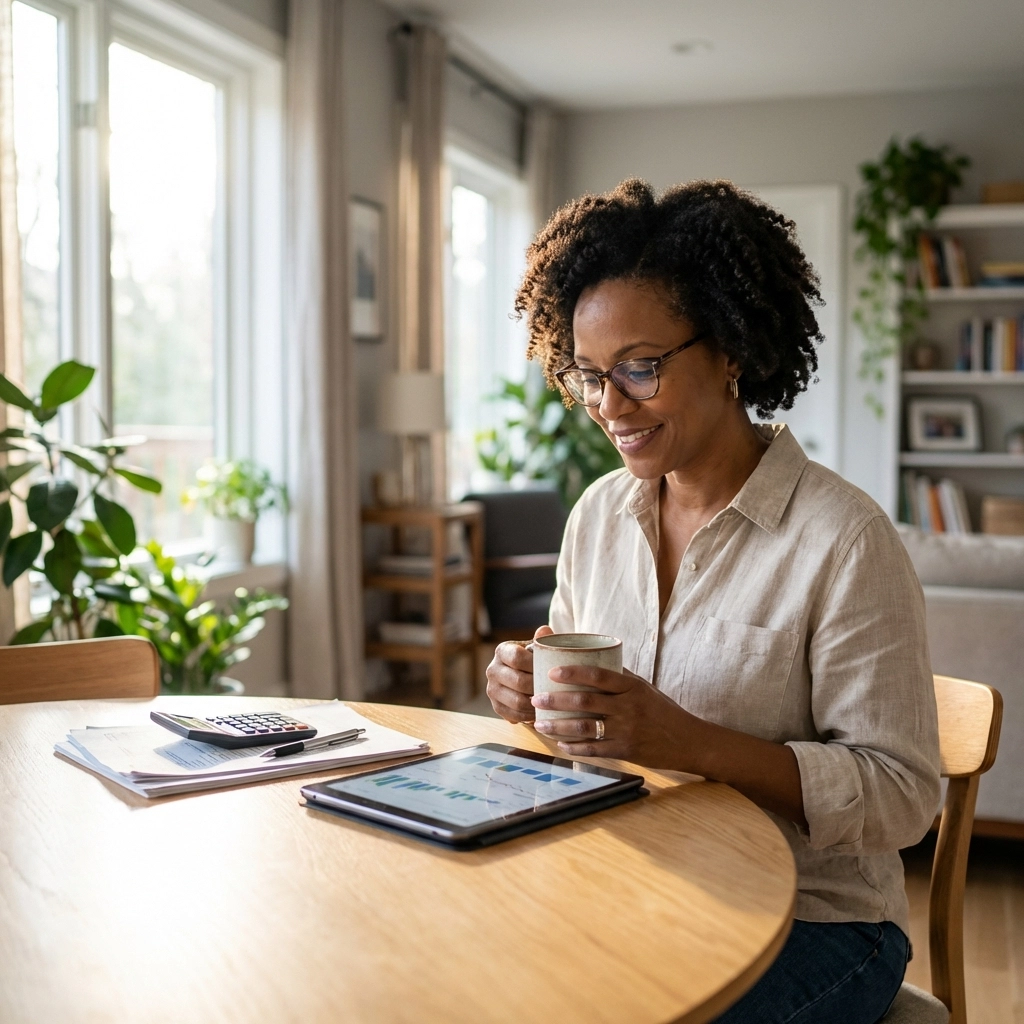 Small business owner reviewing digital records at home, preparing for Making Tax Digital reporting