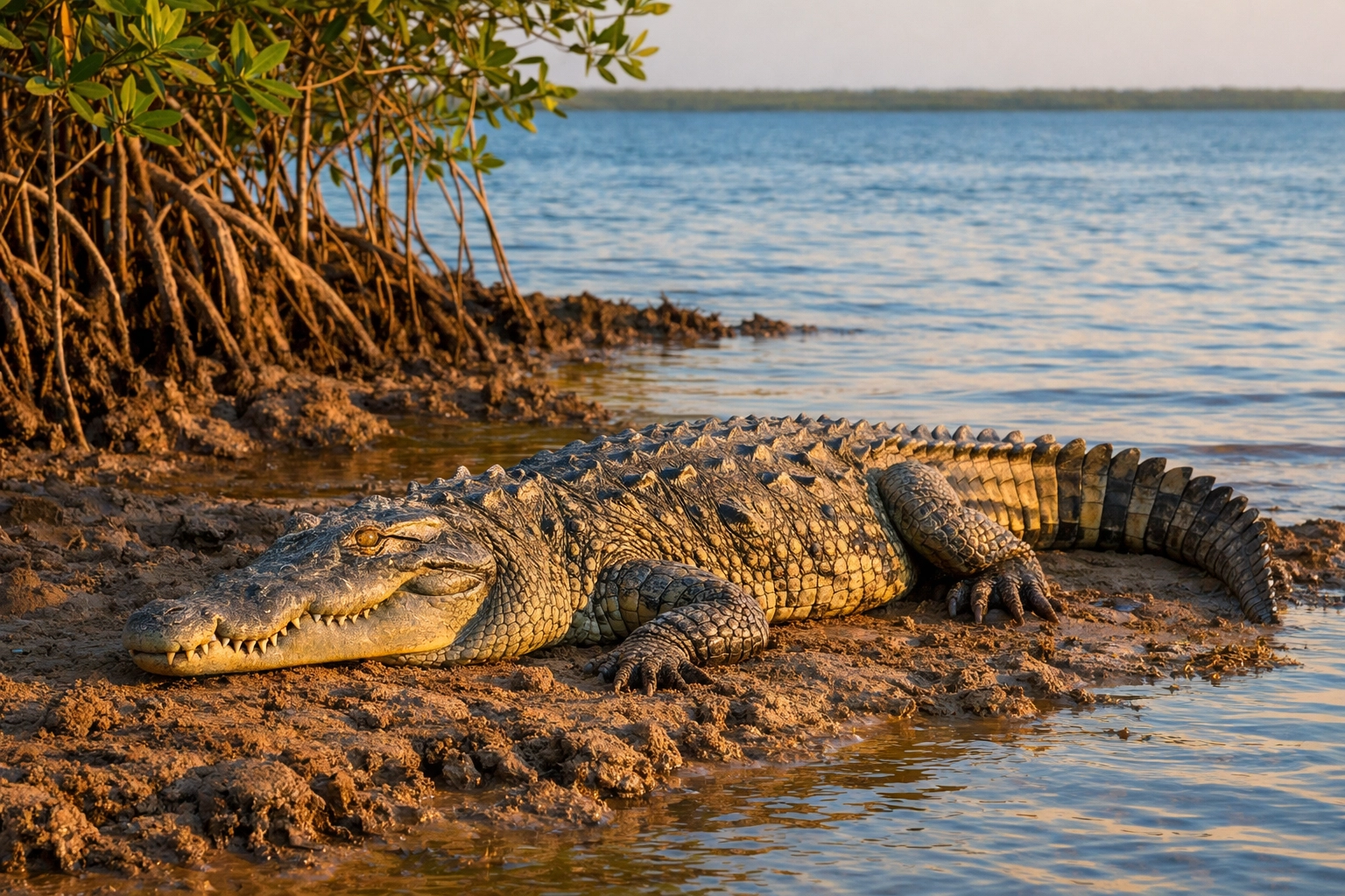 American Crocodile basking on a muddy bank in Flamingo, Florida Bay, during golden hour photography.