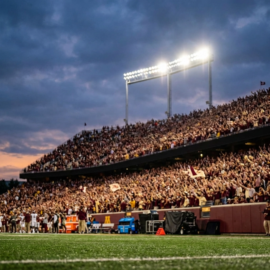 Crowd fills Indiana Hoosiers' football stadium at dusk, capturing Big Ten excitement and team spirit.