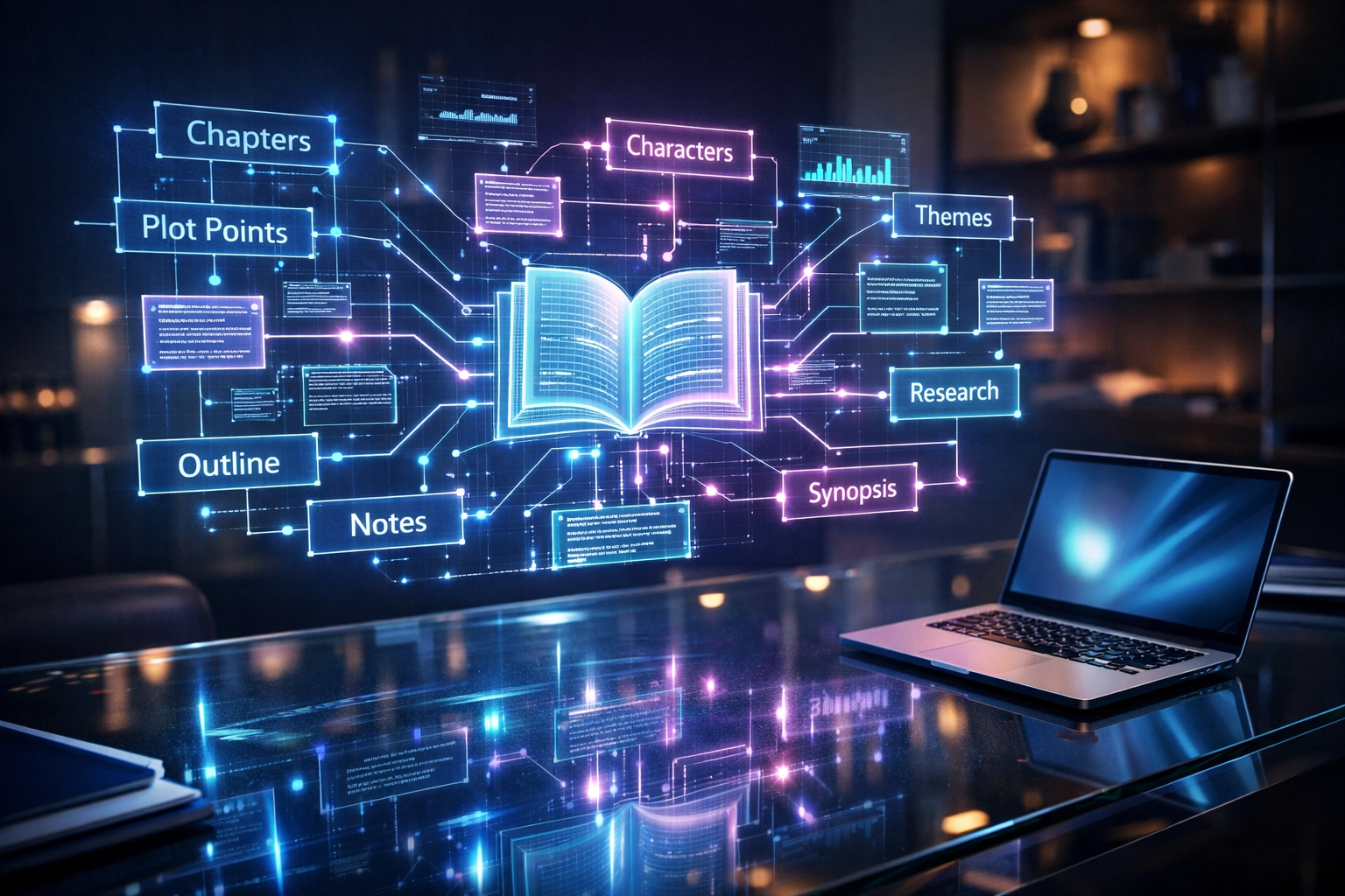 Holographic mind map representing a structured e-book outline on a modern digital workstation.