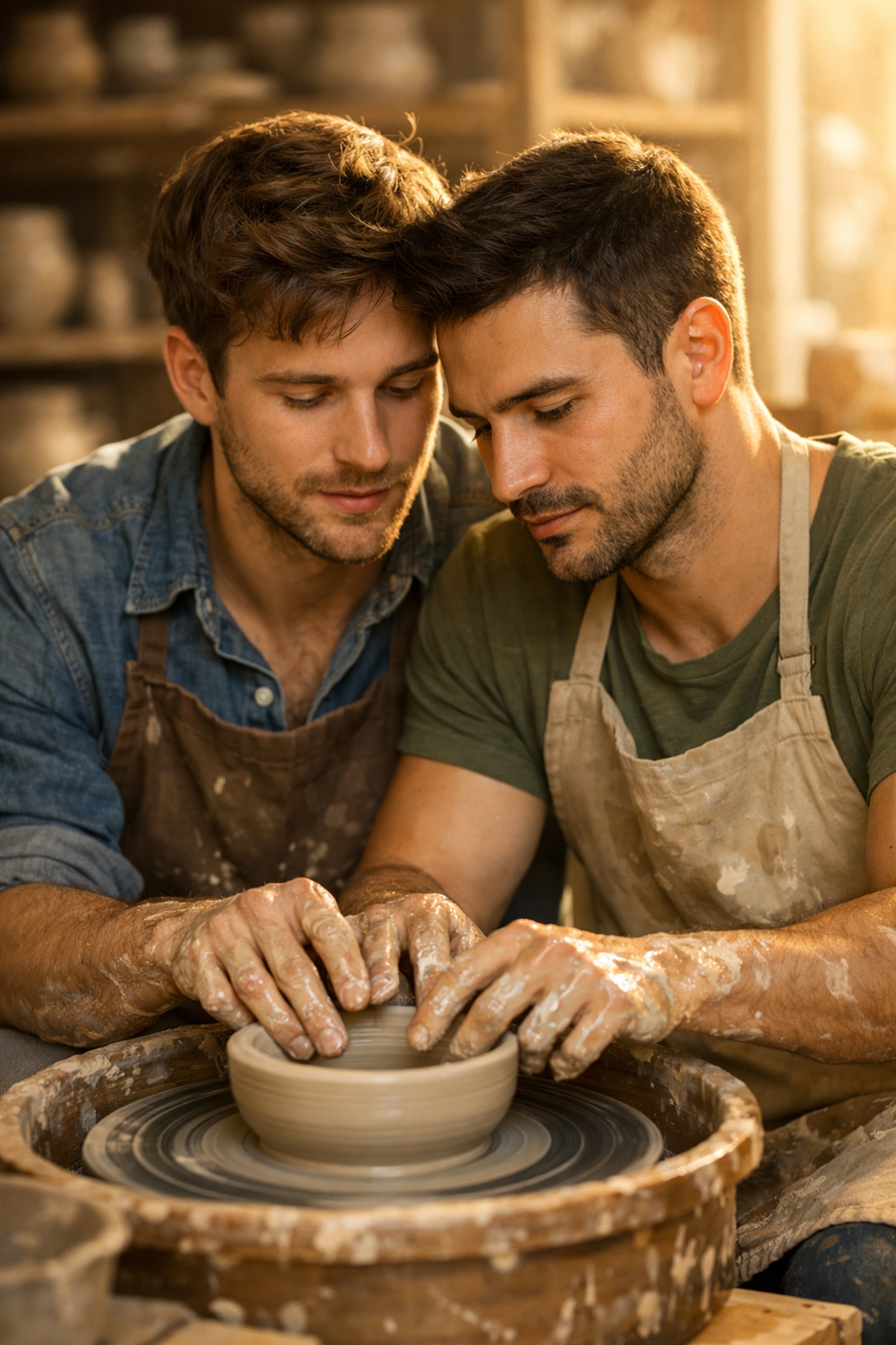 Gay men bonding during a pottery class, illustrating the power of shared queer hobbies and real-life connection.