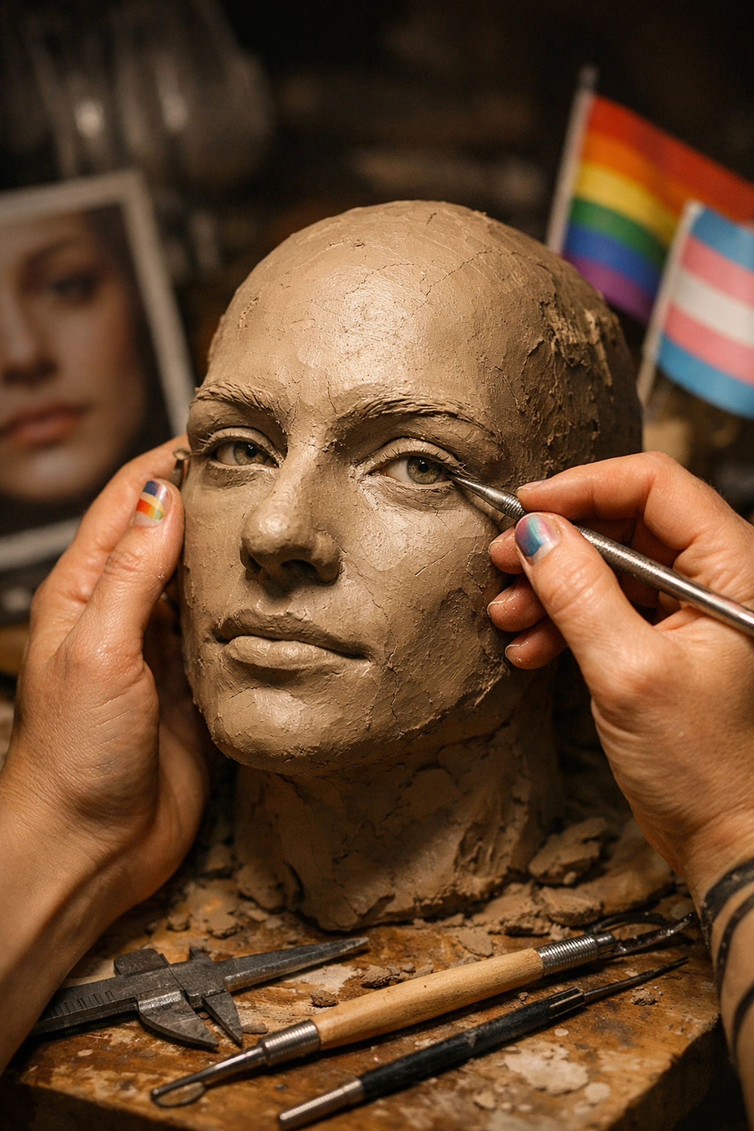 Artist sculpting realistic silicone companion face in clay for LGBTQ+ community