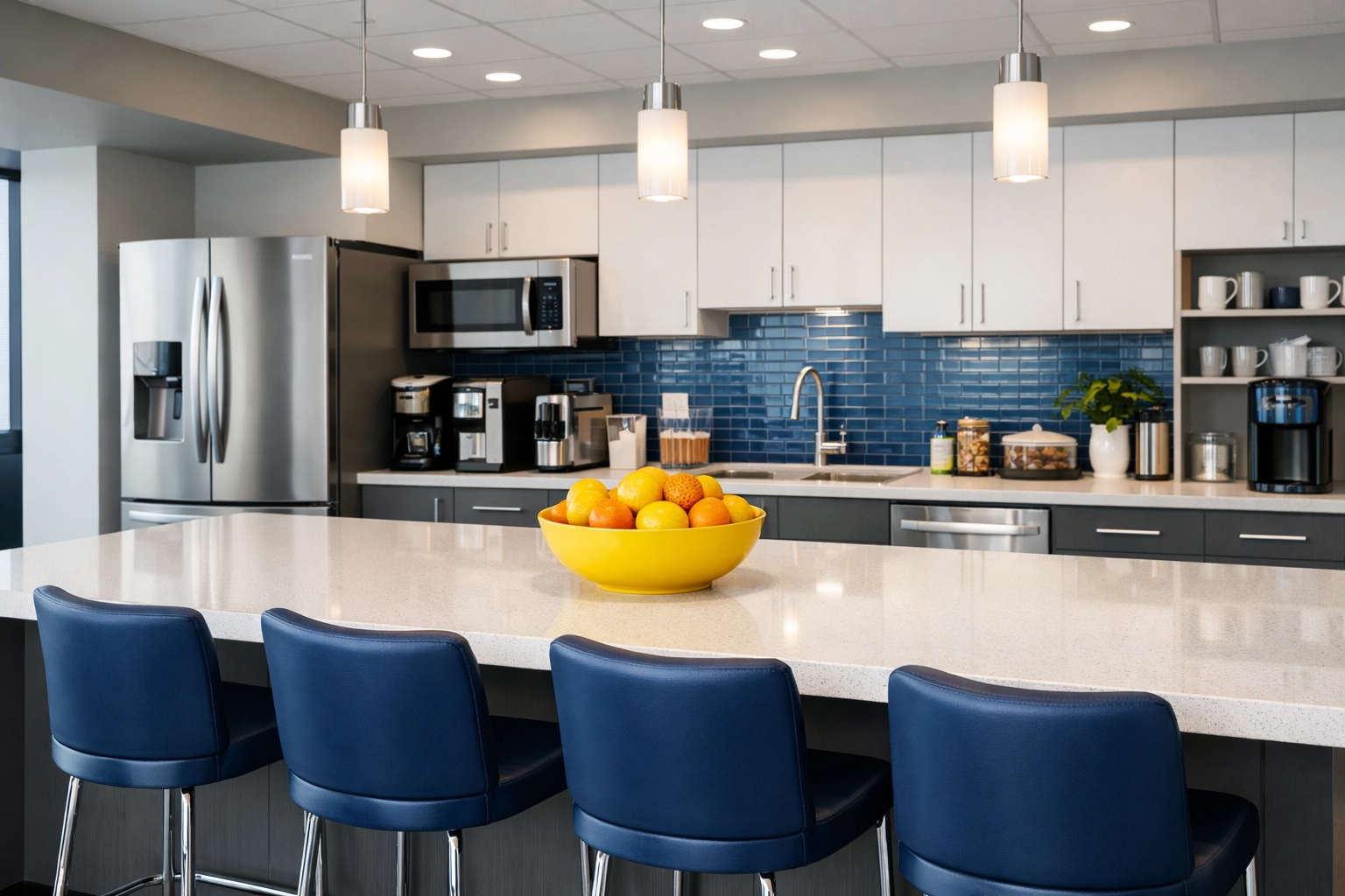 Sanitized office breakroom with clean countertops and organized kitchen area maintained by commercial janitorial services.