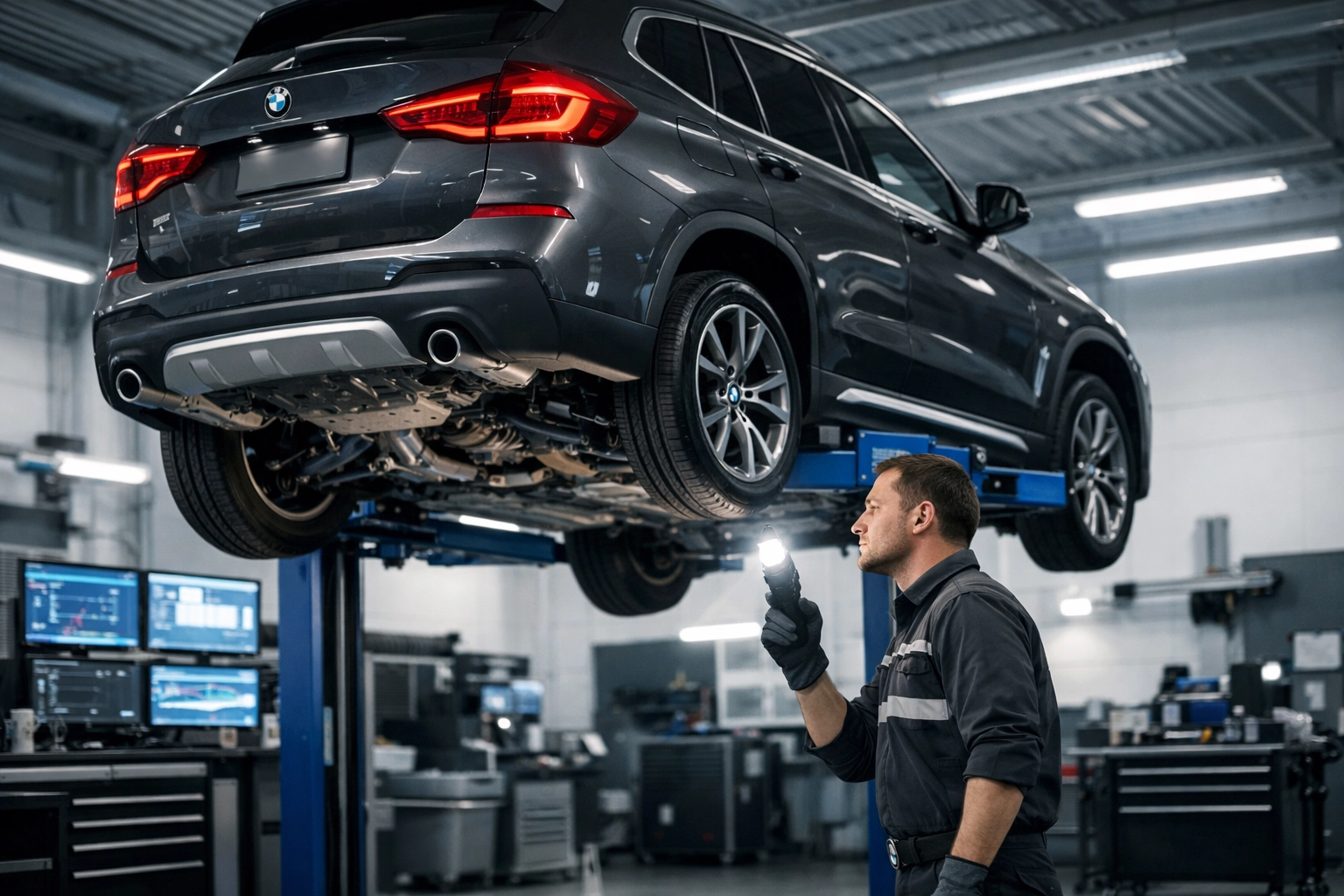 Specialized BMW technician performing a detailed vehicle inspection in a modern service bay.