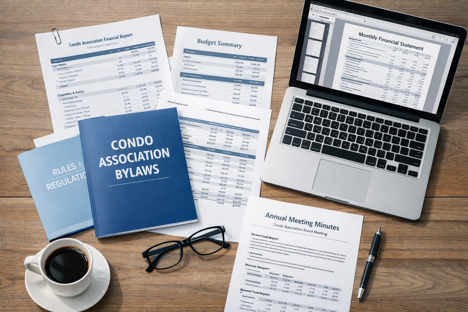 Condo association financial documents and bylaws spread on desk for 7-day review period