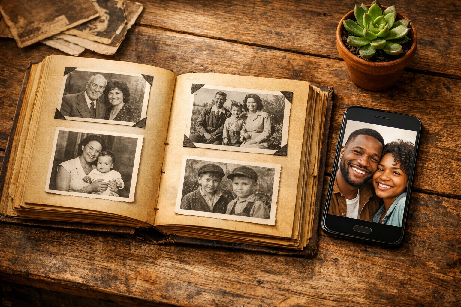 Family photo album and smartphone symbolizing healing generational trauma across generations