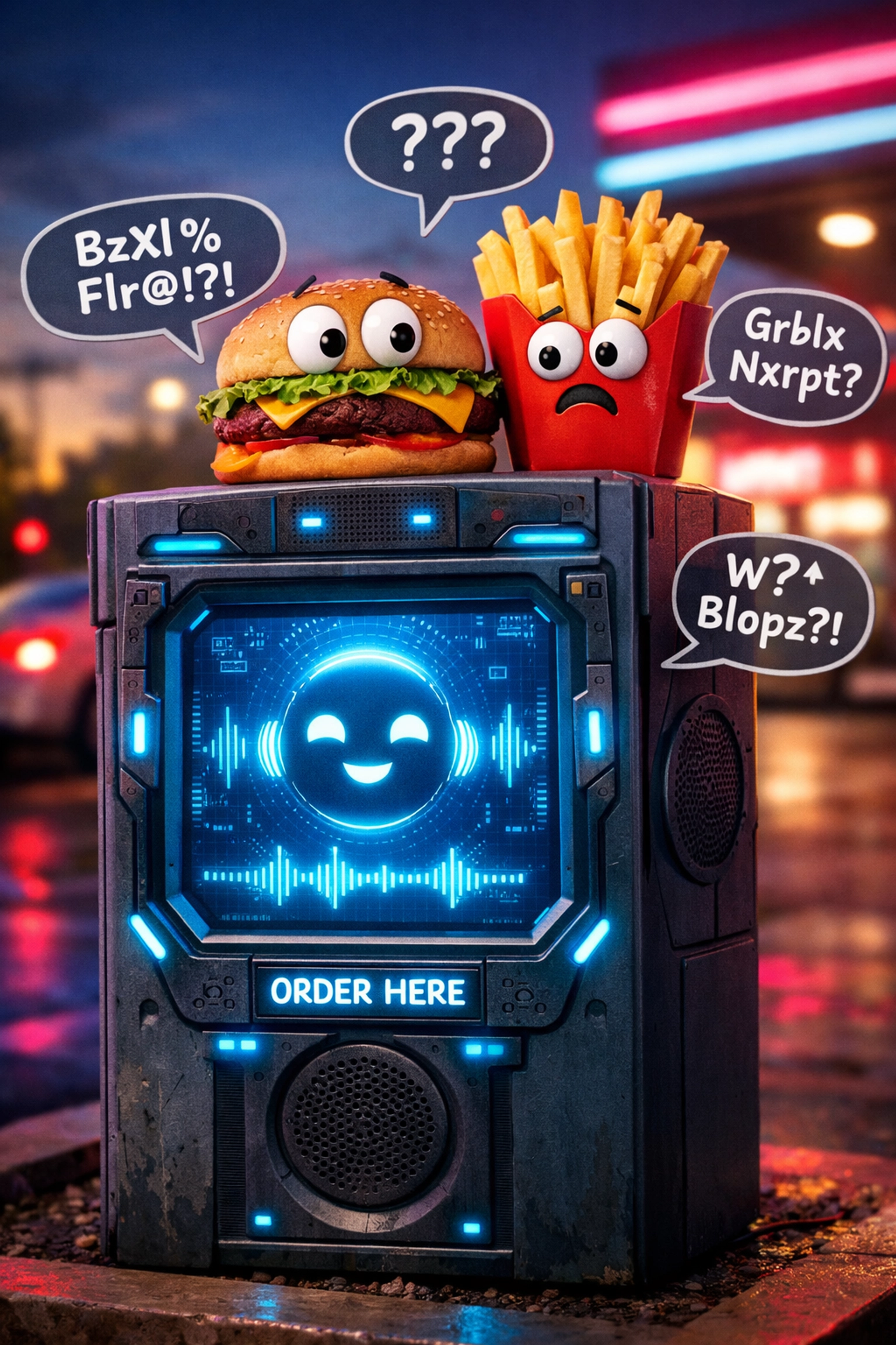 Futuristic AI drive-thru speaker box with burger and fries showing order confusion