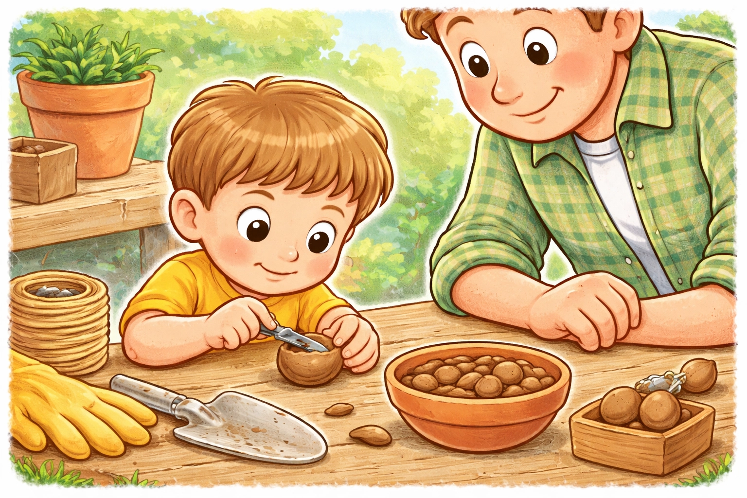 Storybook seed character being helped open by a gardener, illustrating seed scarification for germination.