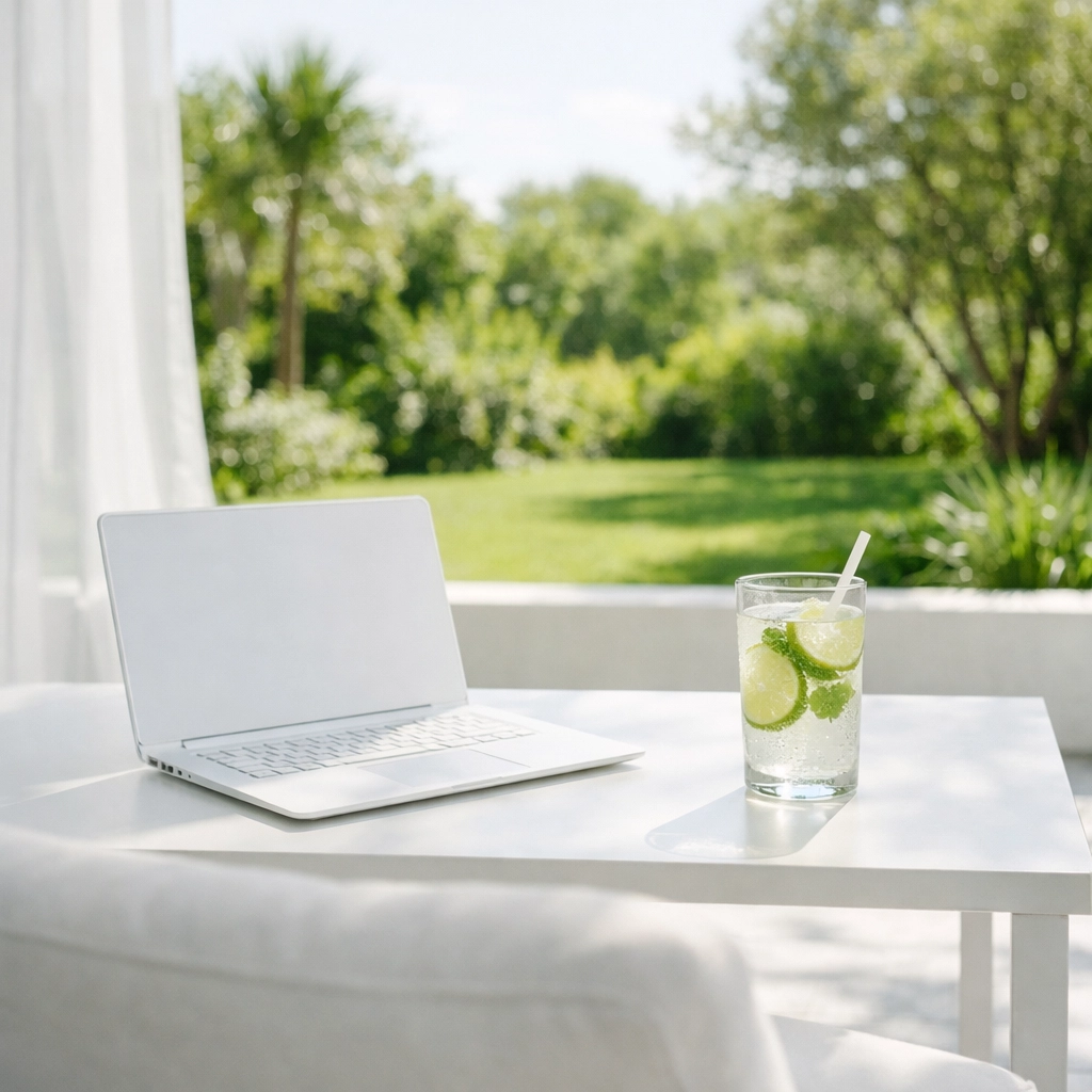 A laptop on a sunny patio illustrating passive income and financial freedom through real estate investing.
